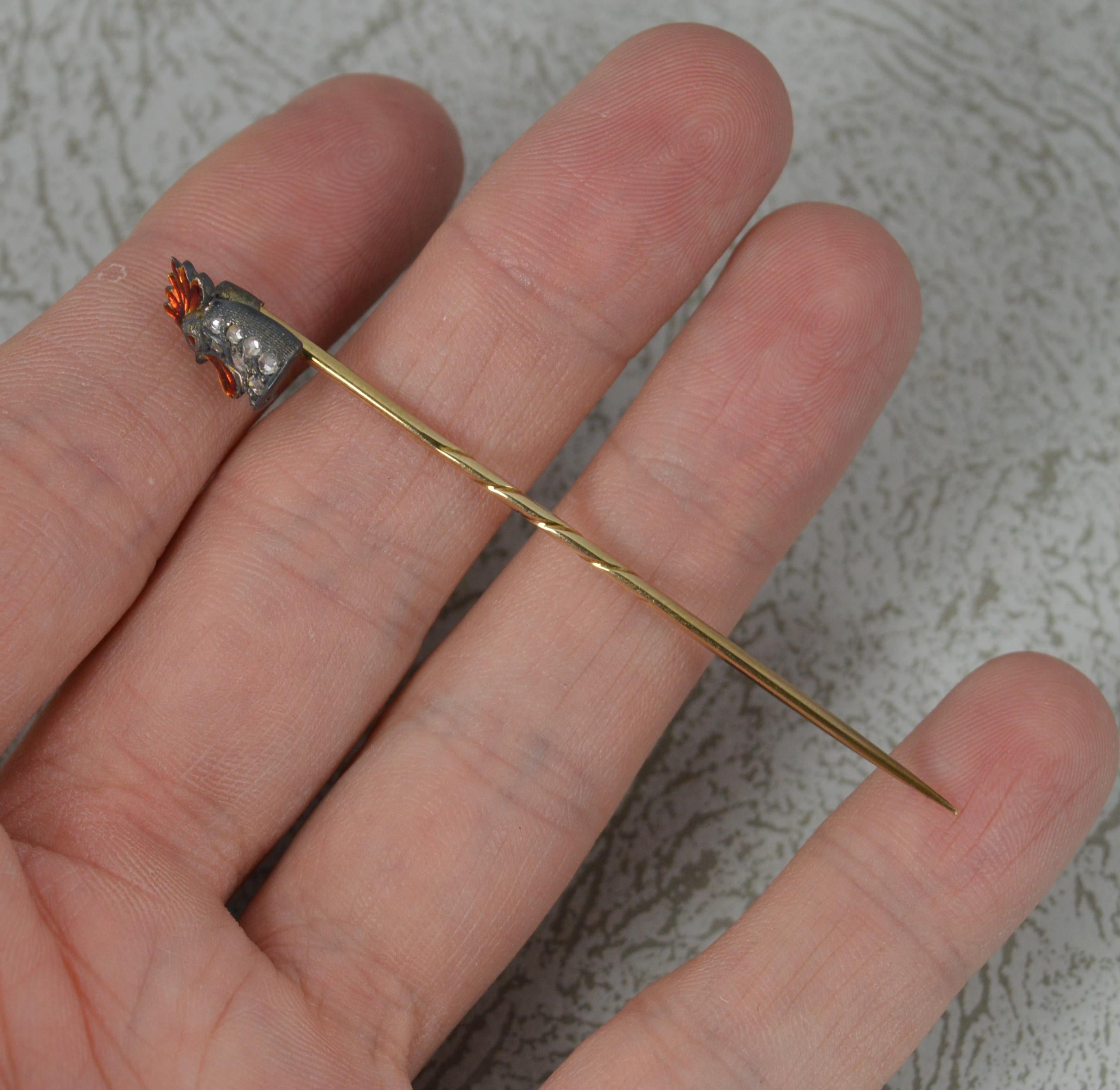 Women's Victorian Novelty Rose Cut Diamond & Enamel Cockerel 18ct Gold Stick Tie Pin