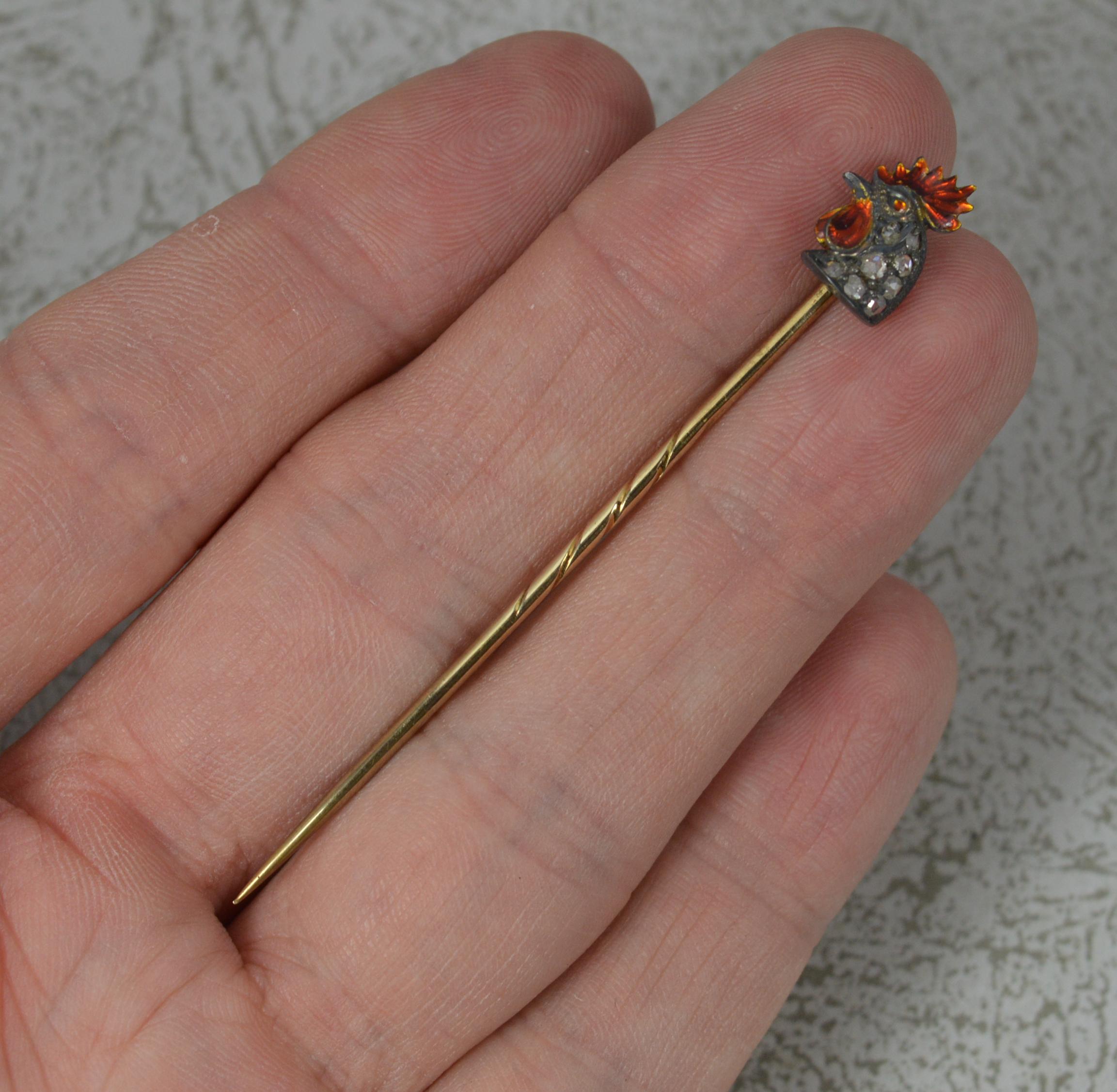 Victorian Novelty Rose Cut Diamond & Enamel Cockerel 18ct Gold Stick Tie Pin 1