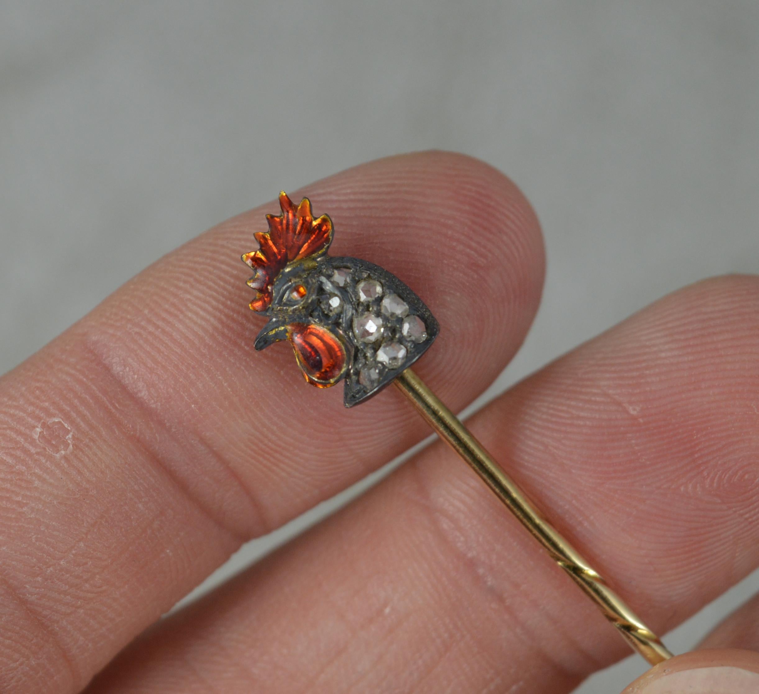 Victorian Novelty Rose Cut Diamond & Enamel Cockerel 18ct Gold Stick Tie Pin 2