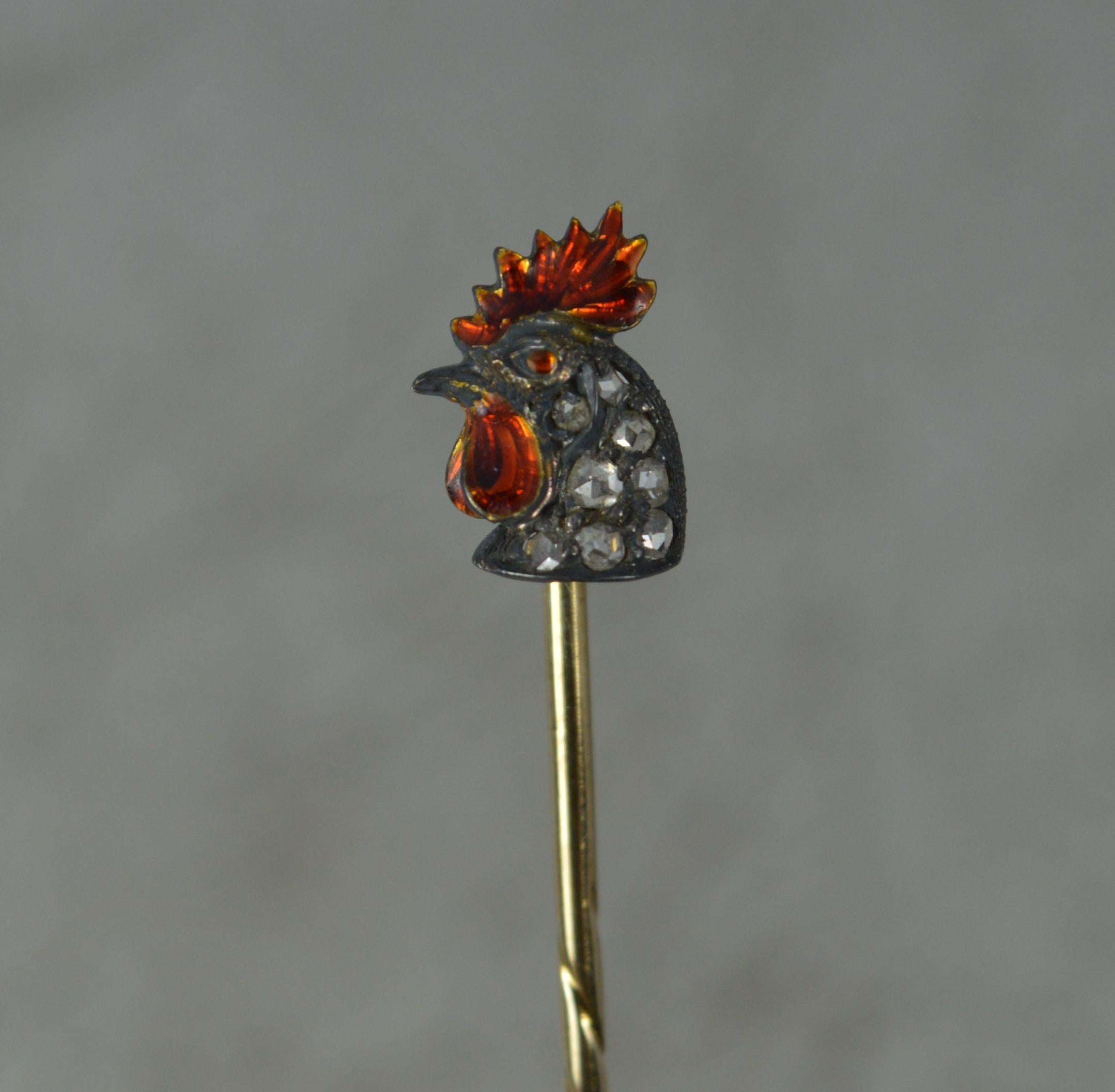 Victorian Novelty Rose Cut Diamond & Enamel Cockerel 18ct Gold Stick Tie Pin 3