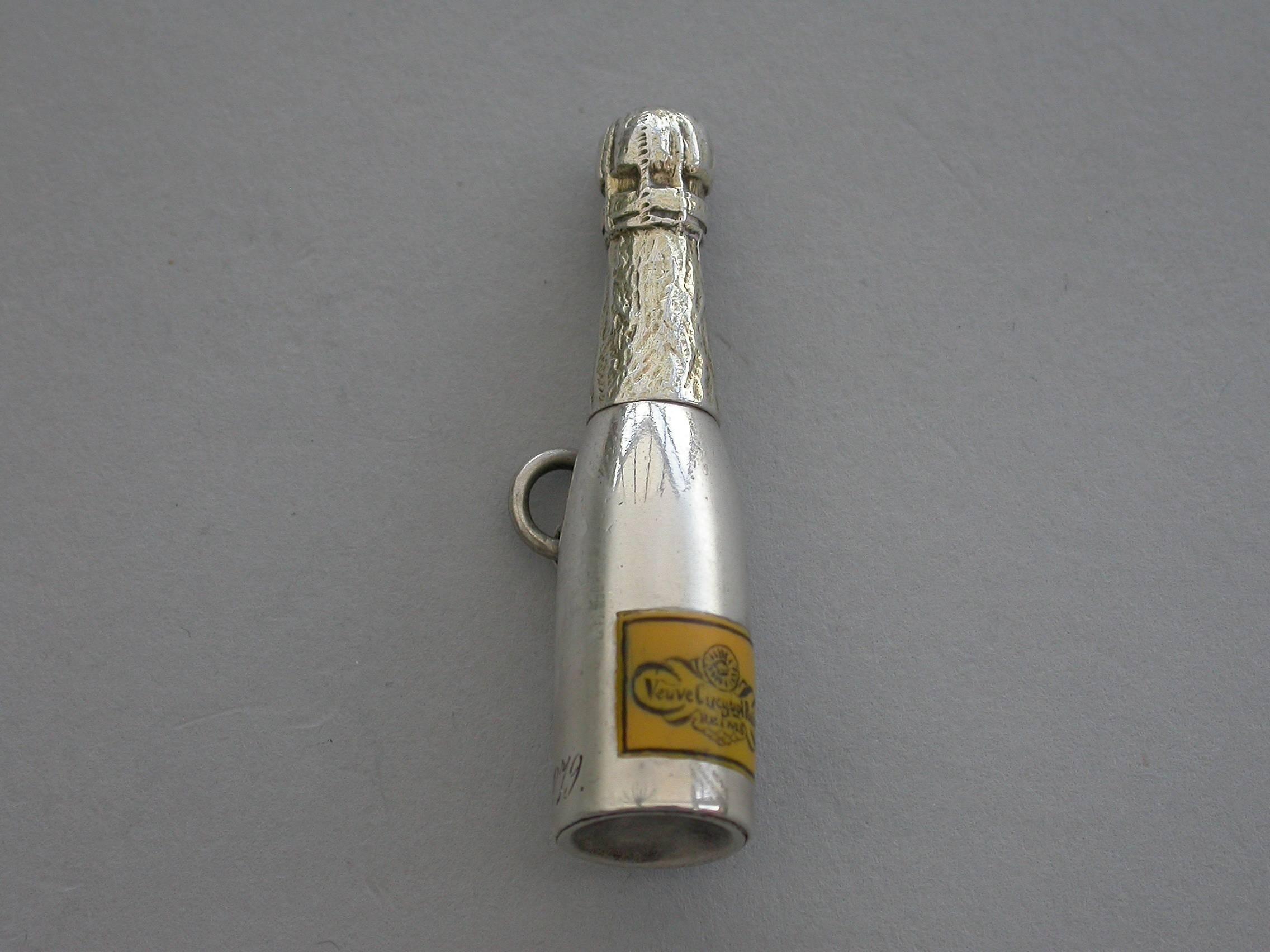 A good Victorian novelty silver and enamel telescopic propelling pencil made in the form of a champagne bottle, with distinctive yellow enamel label for Veuve Clicquot Ponsardin Champagne, Reims.

By Sampson Mordan & Co, circa 1880

Measures: