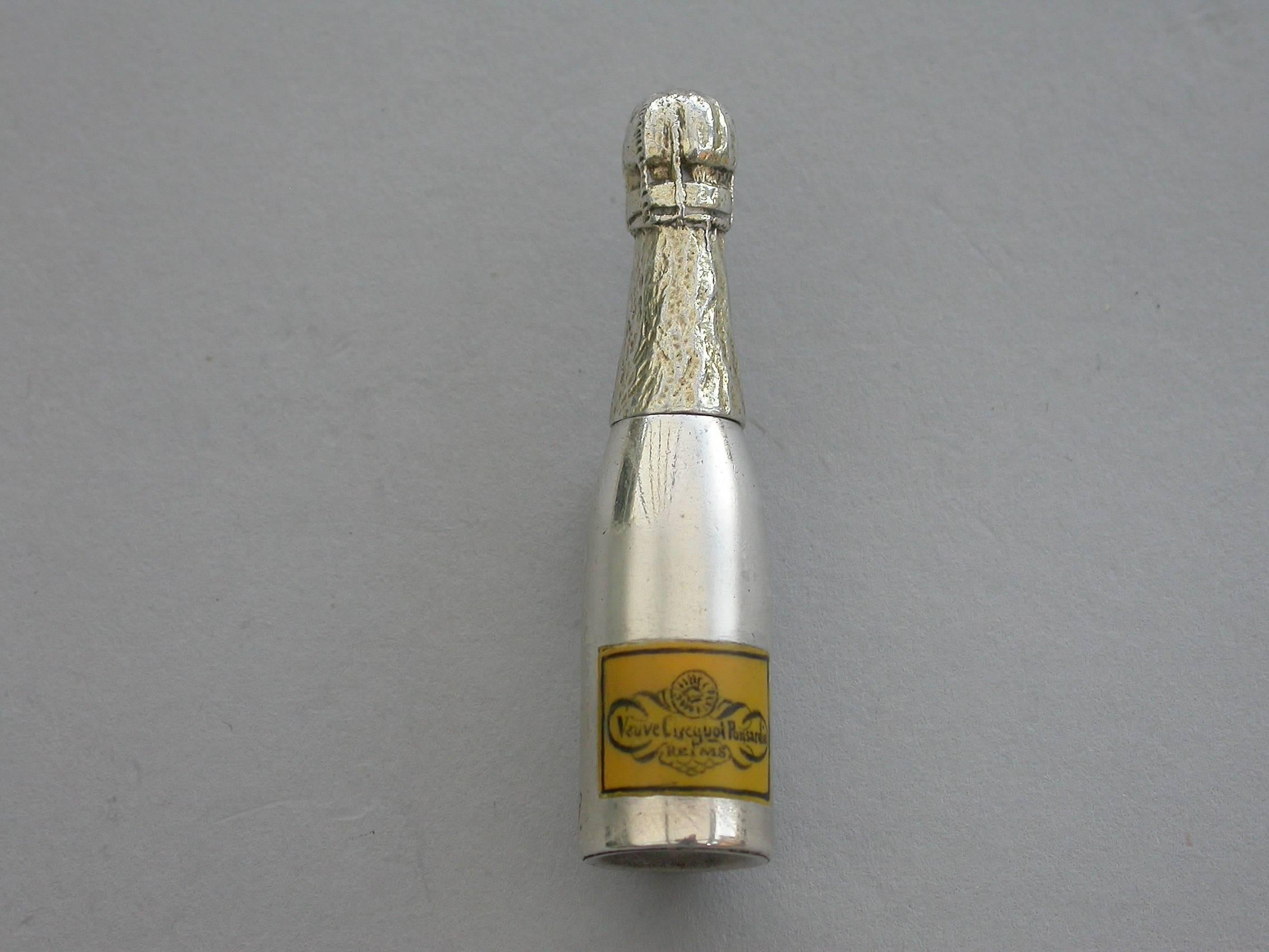 English Victorian Novelty Silver & Enamel Champagne Bottle Propelling Pencil, circa 1880