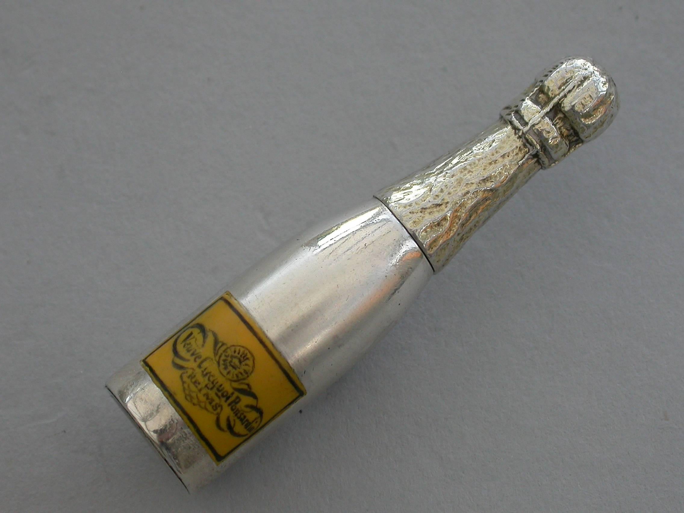 Late 19th Century Victorian Novelty Silver & Enamel Champagne Bottle Propelling Pencil, circa 1880