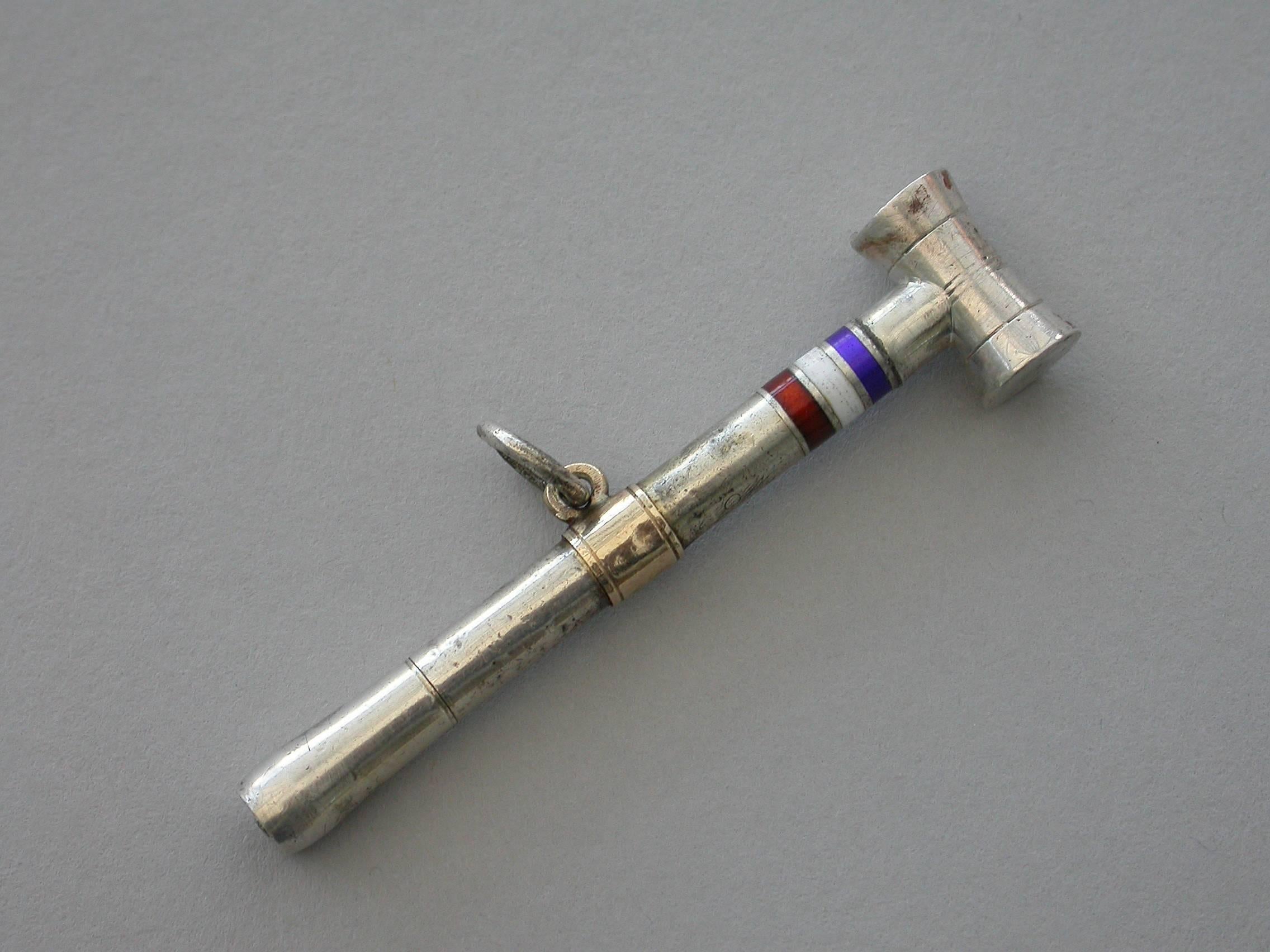English Victorian Novelty Silver and Enamel Croquet Mallet Propelling Pencil, circa 1880