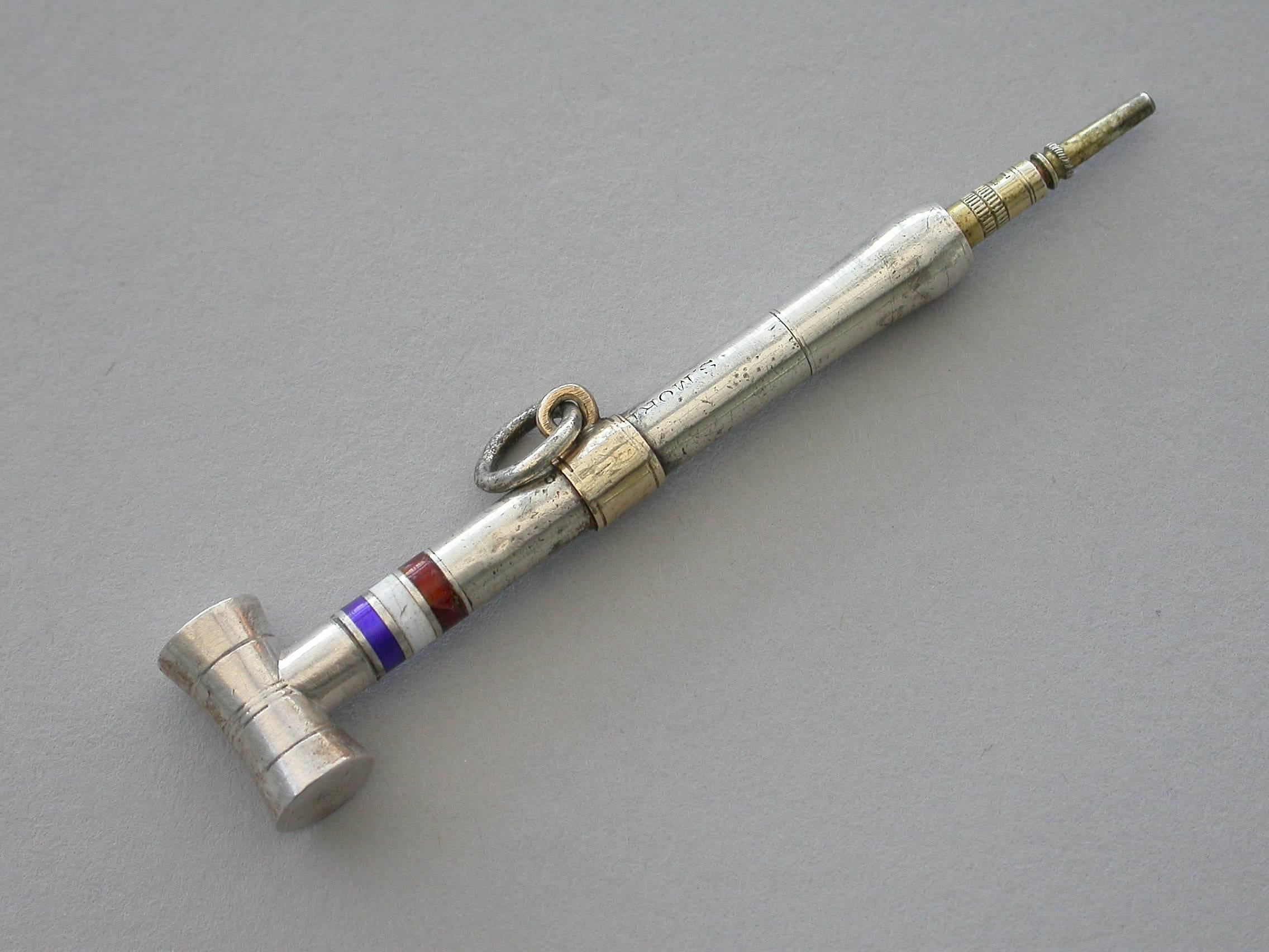 Victorian Novelty Silver and Enamel Croquet Mallet Propelling Pencil, circa 1880 1