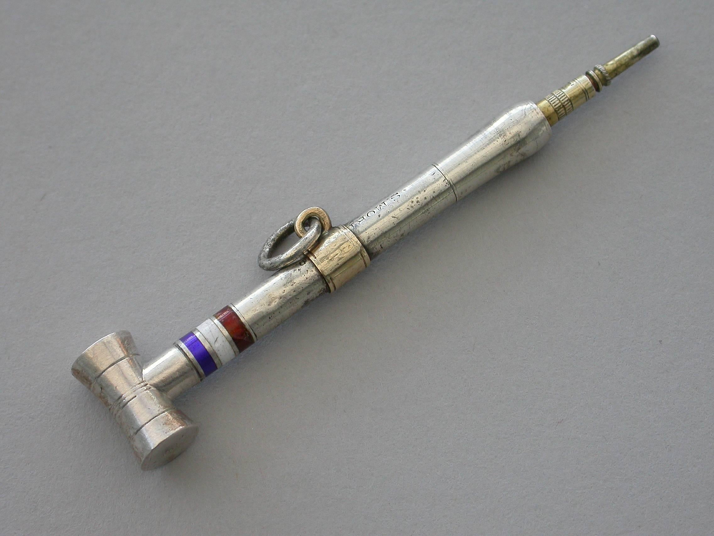 Victorian Novelty Silver and Enamel Croquet Mallet Propelling Pencil, circa 1880 2