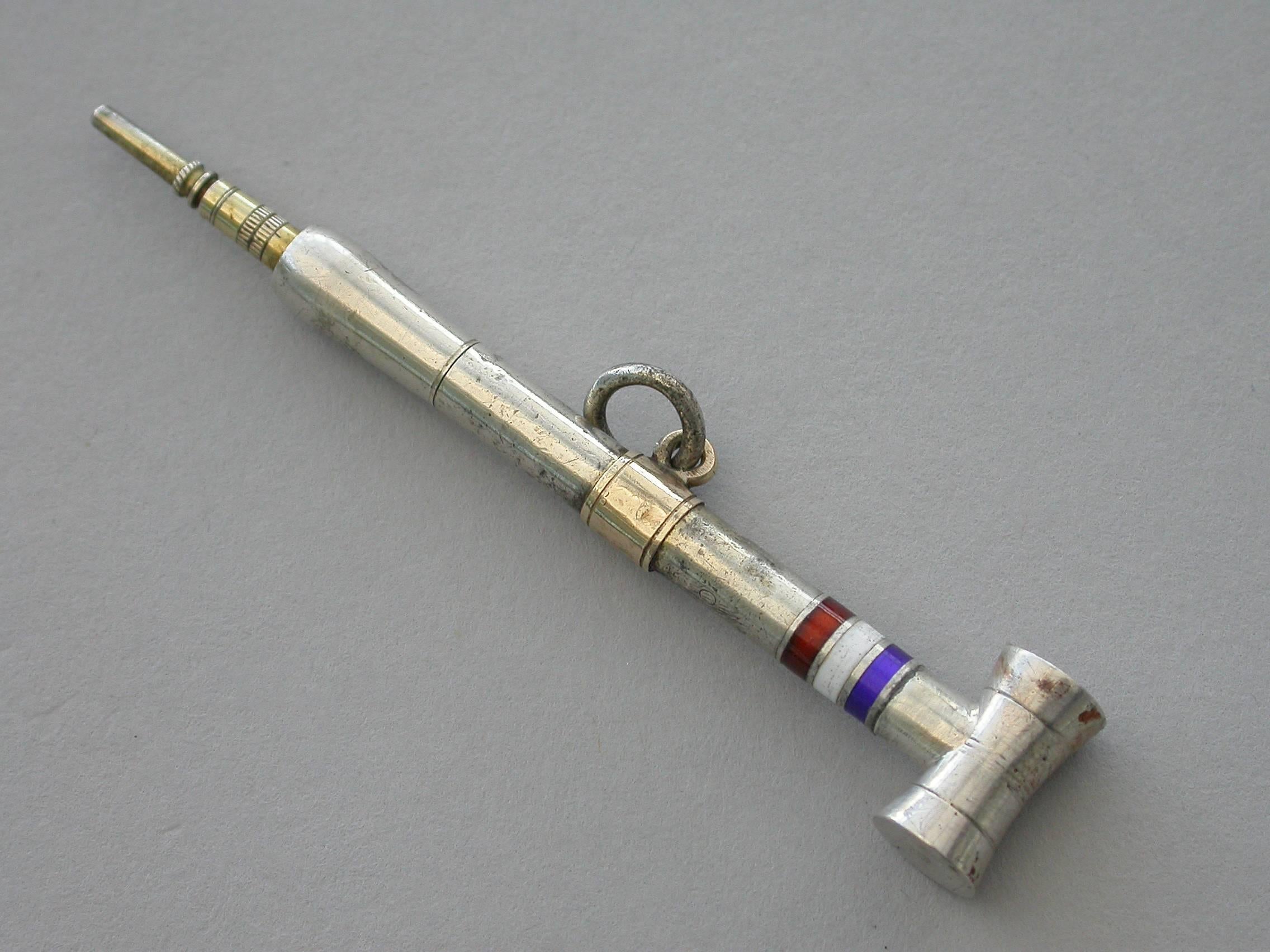 Victorian Novelty Silver and Enamel Croquet Mallet Propelling Pencil, circa 1880 4