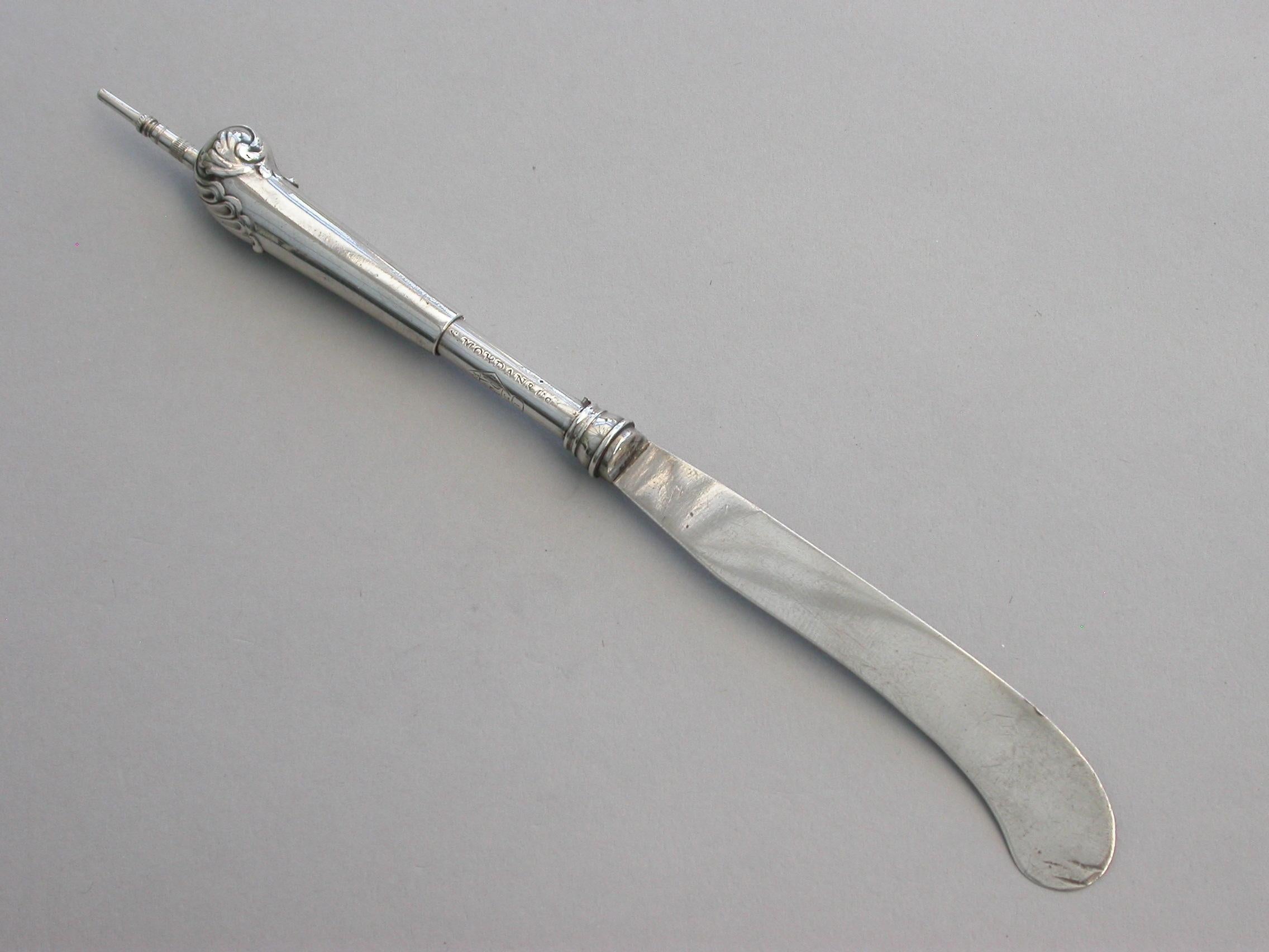 Victorian Novelty Silver Butter Knife Propelling Pencil, by Sampson Mordan & Co. 1