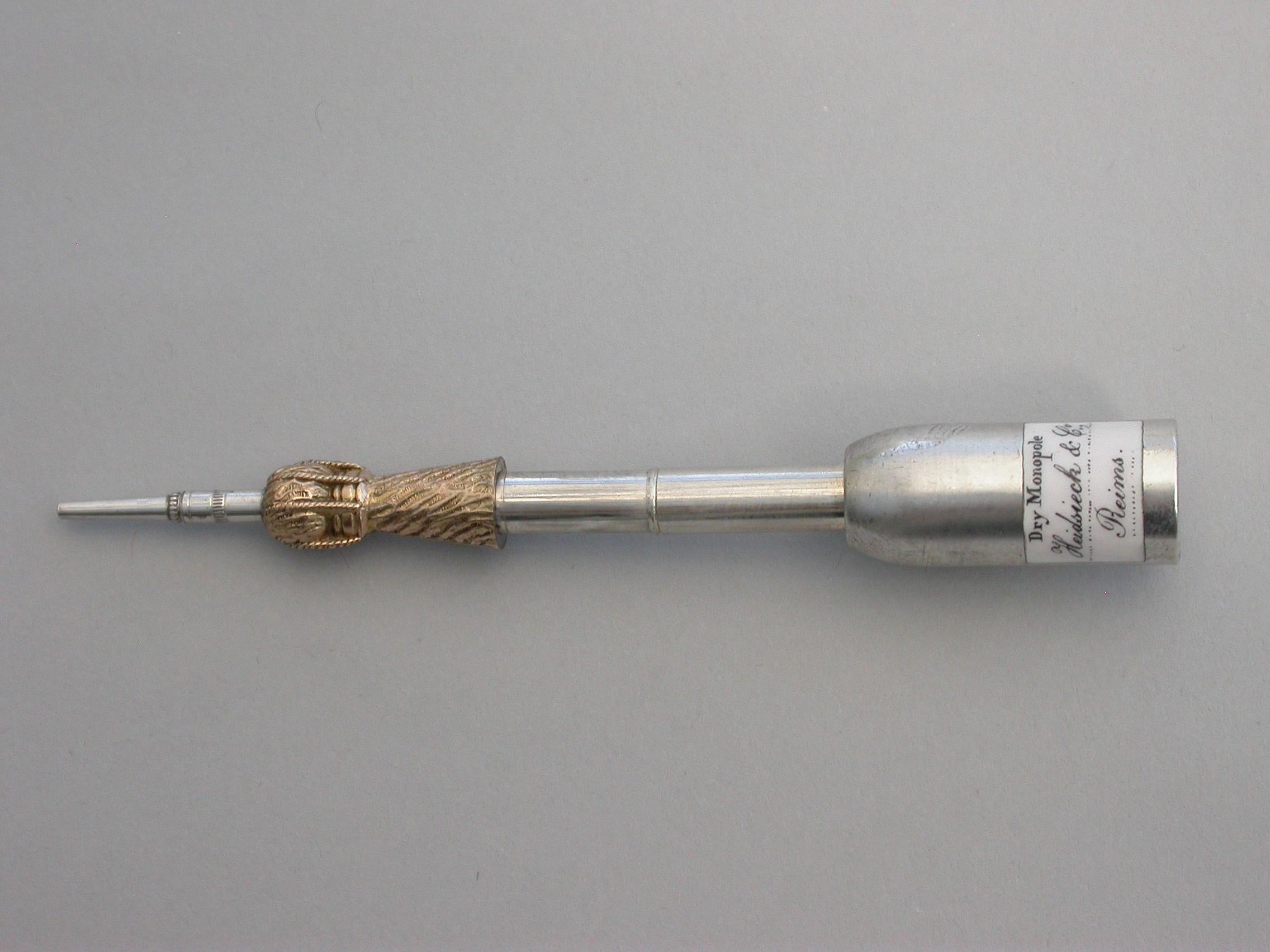 Victorian Novelty Silver & Enamel Champagne Bottle Propelling Pencil, circa 1880 For Sale 1
