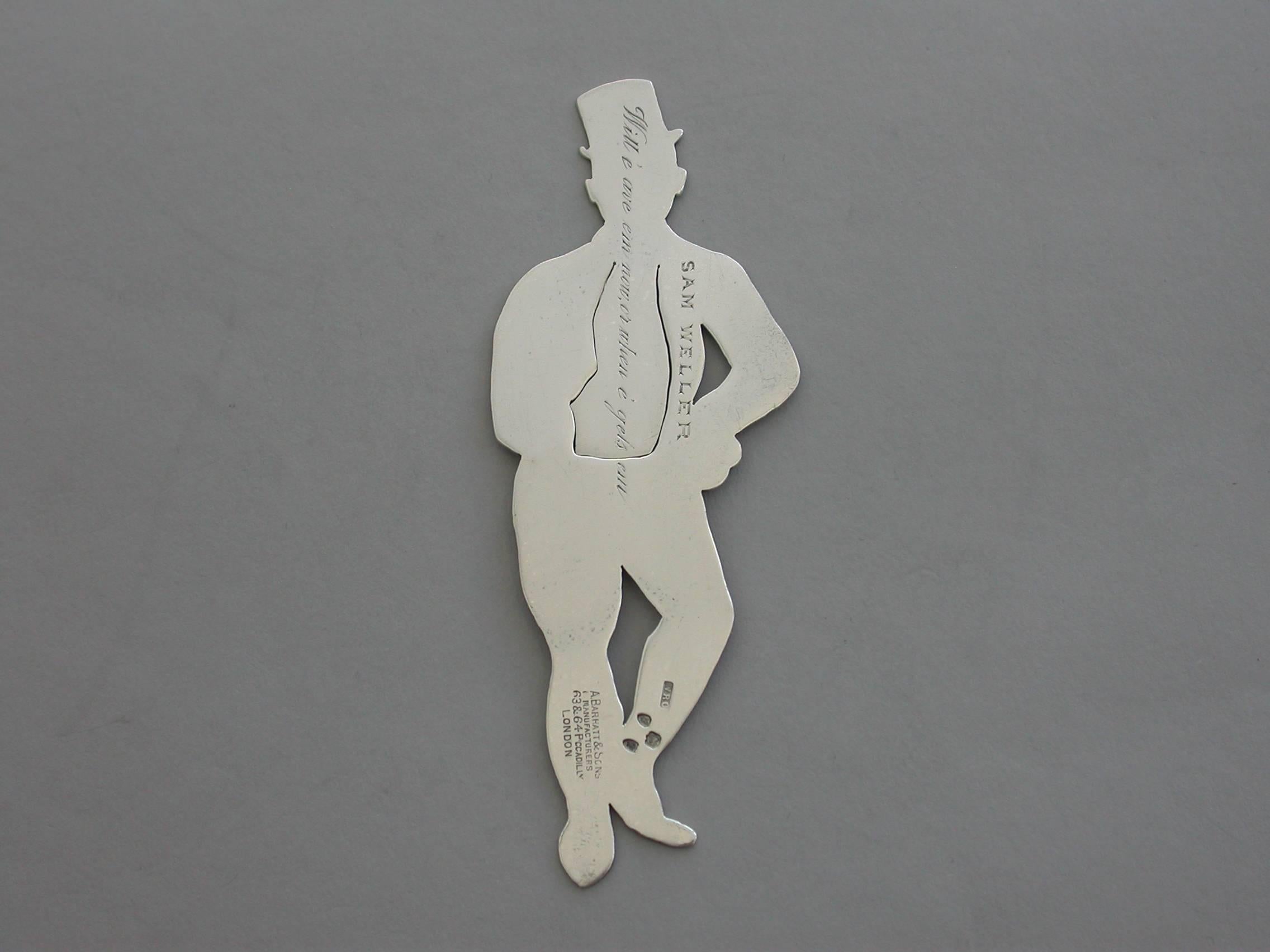 A rare Victorian novelty silver figural Bookmark depicting the character of Sam Weller from Charles Dickens's novel 'The Pickwick Papers', of flat cut-out form with engraved decoration depicting the character of Sam Weller brushing a boot and