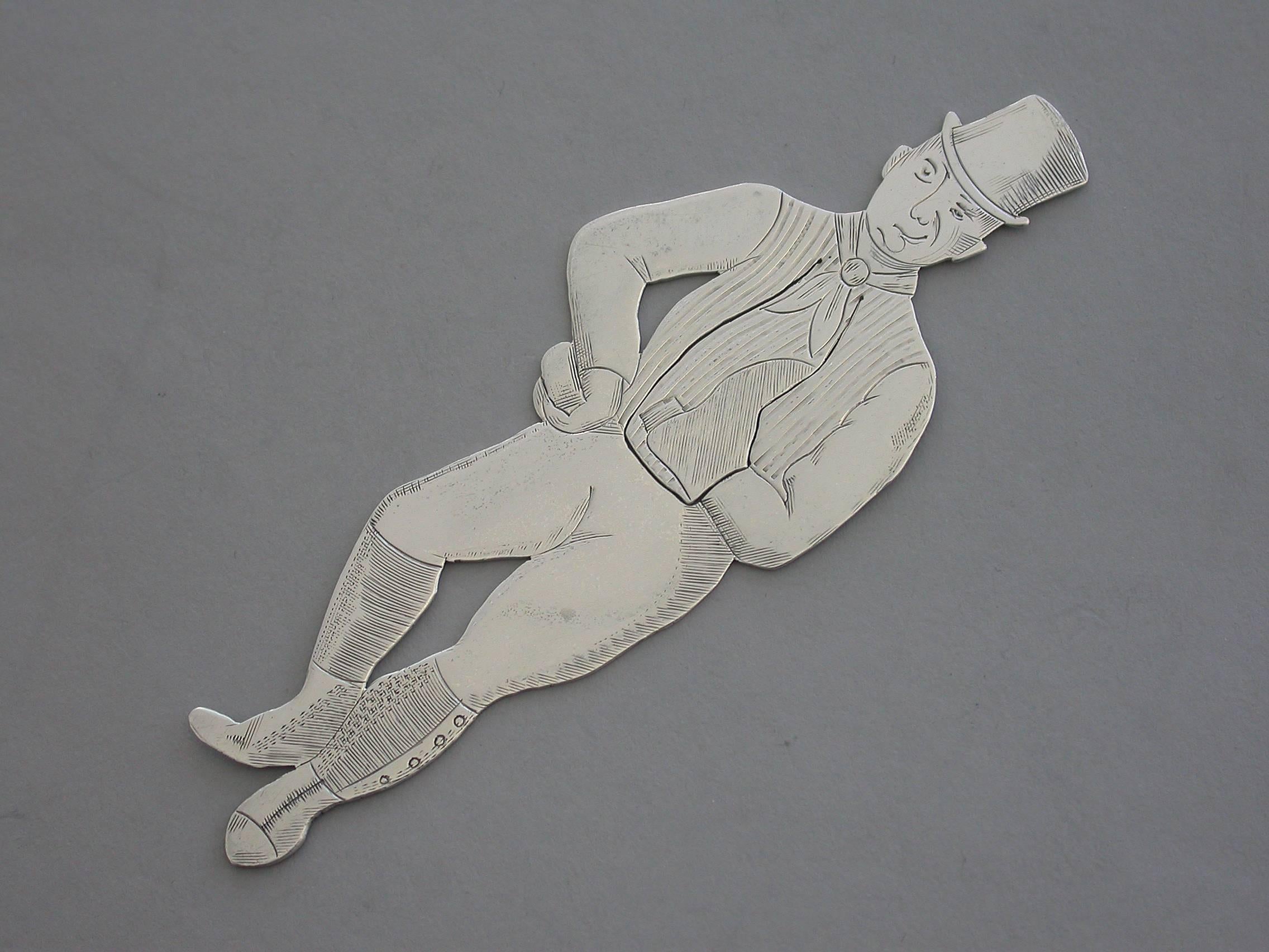 Late 19th Century Victorian Novelty Silver Figural Bookmark Charles Dickens 'Sam Weller', 1894 For Sale