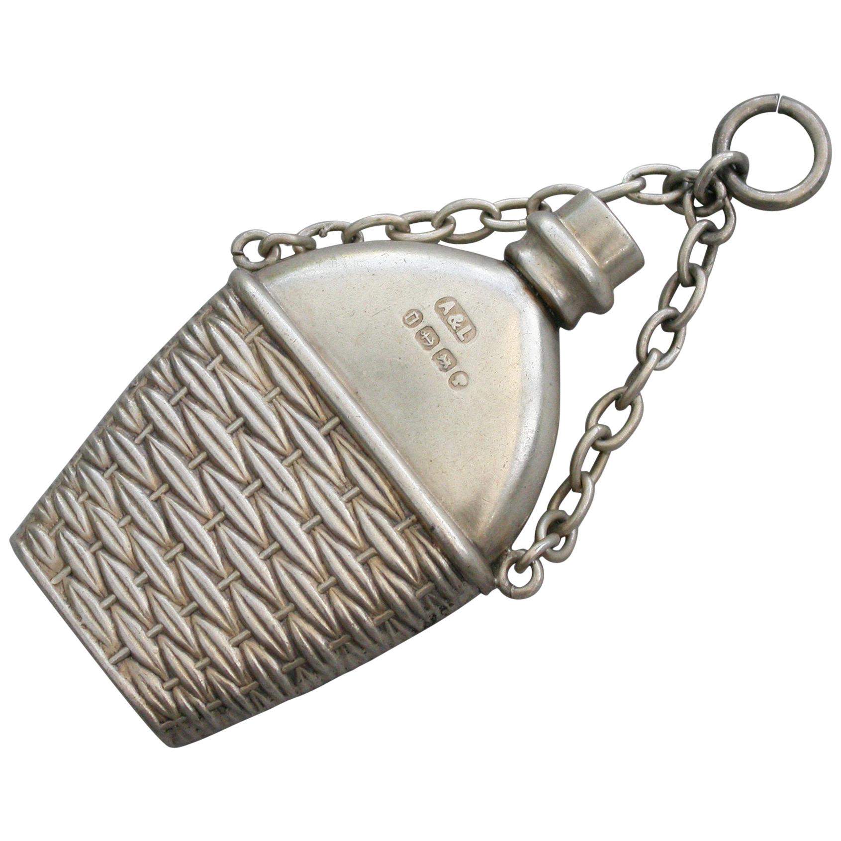 Victorian Novelty Silver Flask in Wicker Basket Scent Bottle, 1889 For Sale