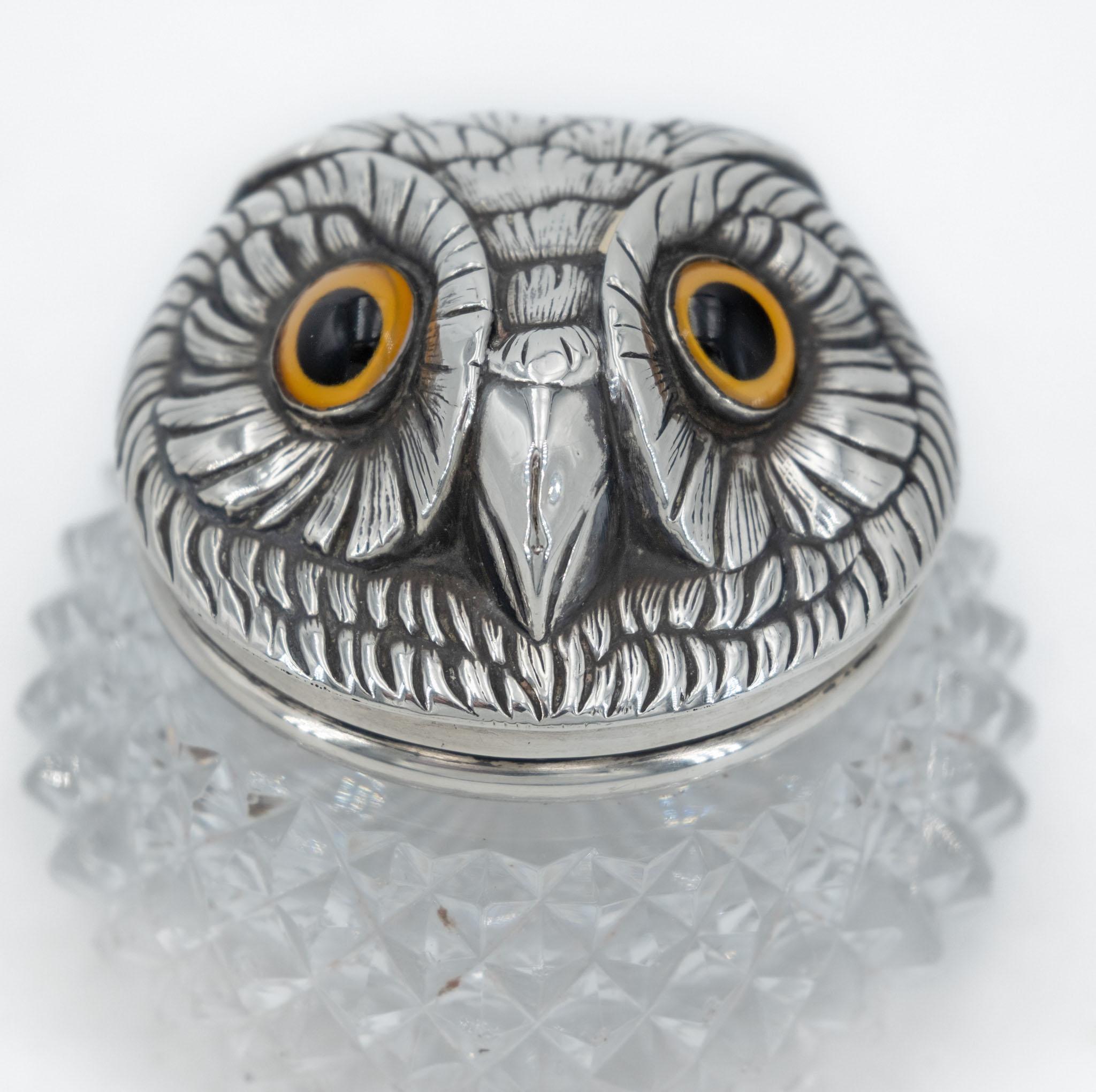 Encrier victorien fantaisie hibou monté sur argent par Sampson Mordan & Co Londres 1896 en vente 5