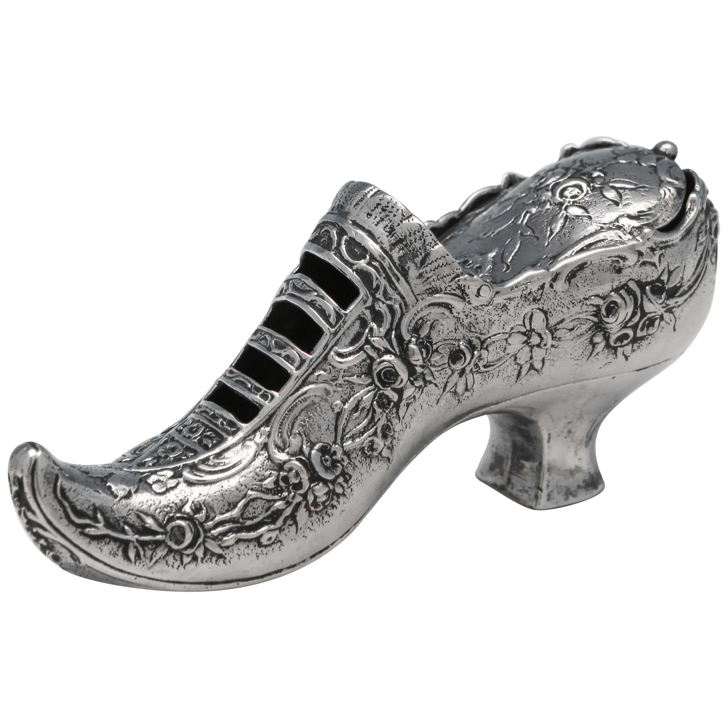 Victorian Novelty Sterling Silver Trinket Box Modelled as a Shoe