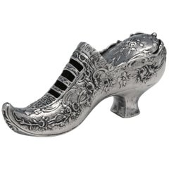 Antique Victorian Novelty Sterling Silver Trinket Box Modelled as a Shoe
