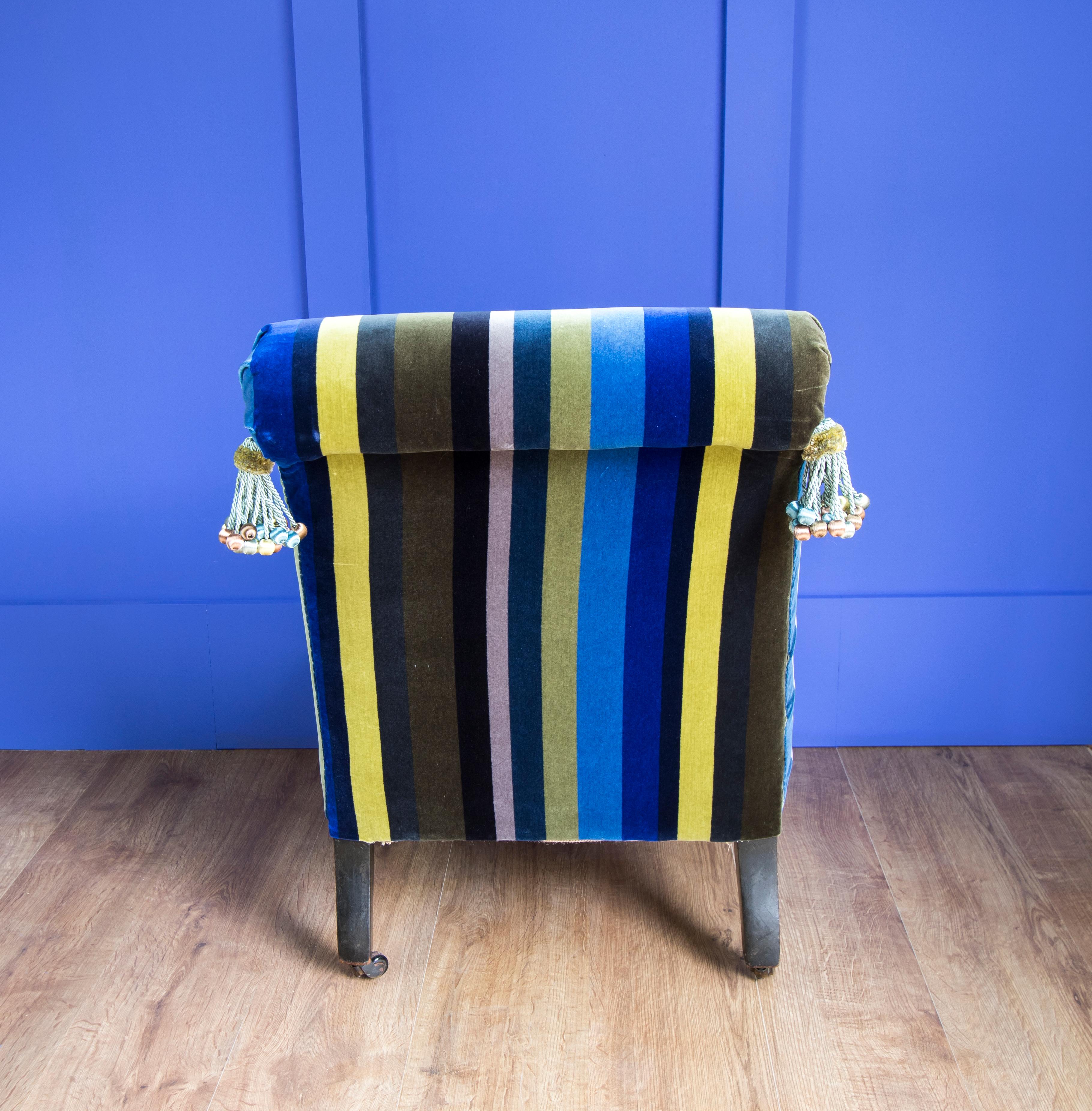 This Victorian Nursing chair has been completely reupholstered, including new seat foam and back as the original horsehair was completely destroyed. Upholstered in Designers Guild Varese Lambusa Cobalt velvet. Pinned at the corners. Original legs