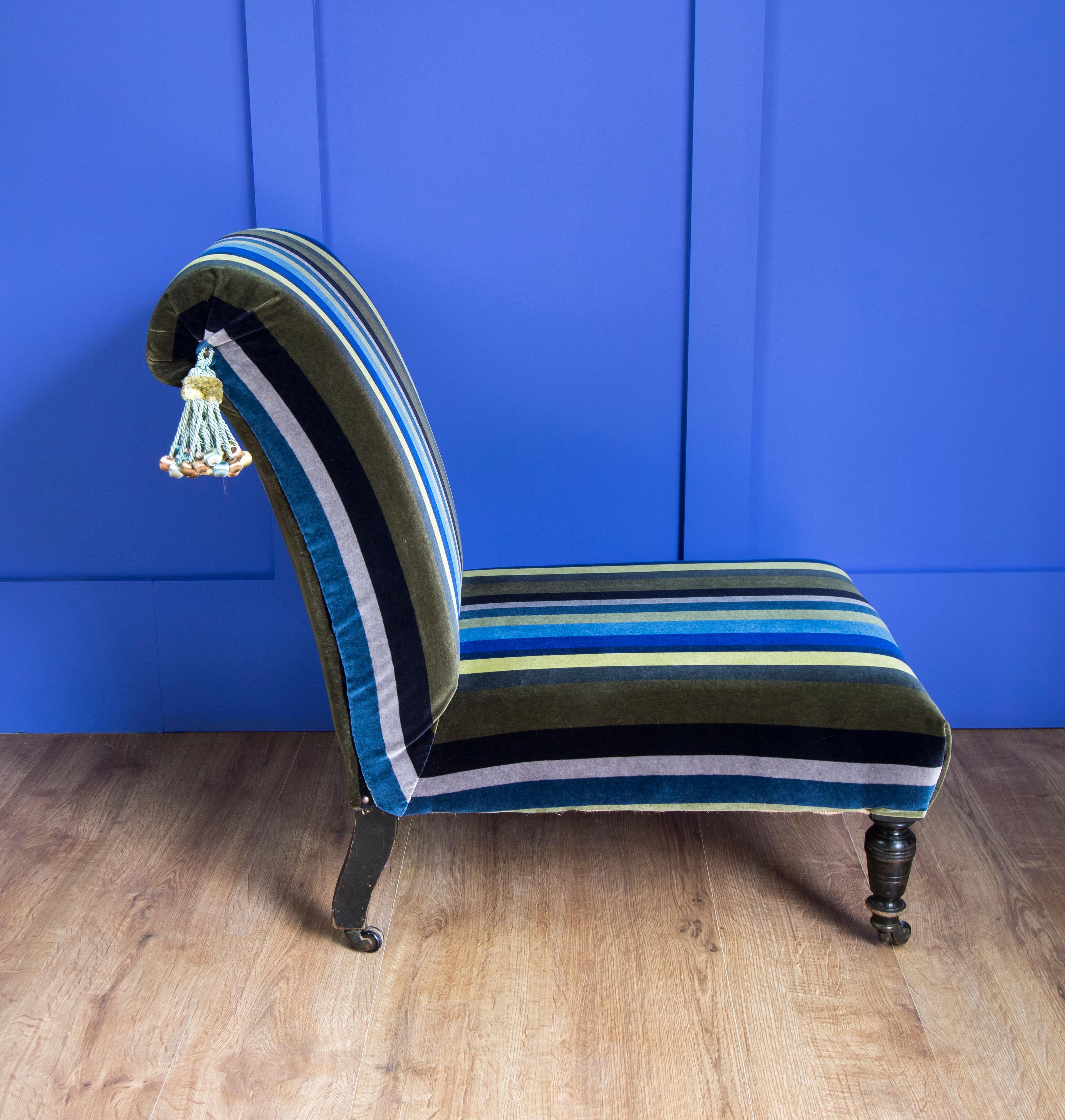 Late Victorian Victorian Nursing Chair Upholstered in Designers Guild Striped Velvet