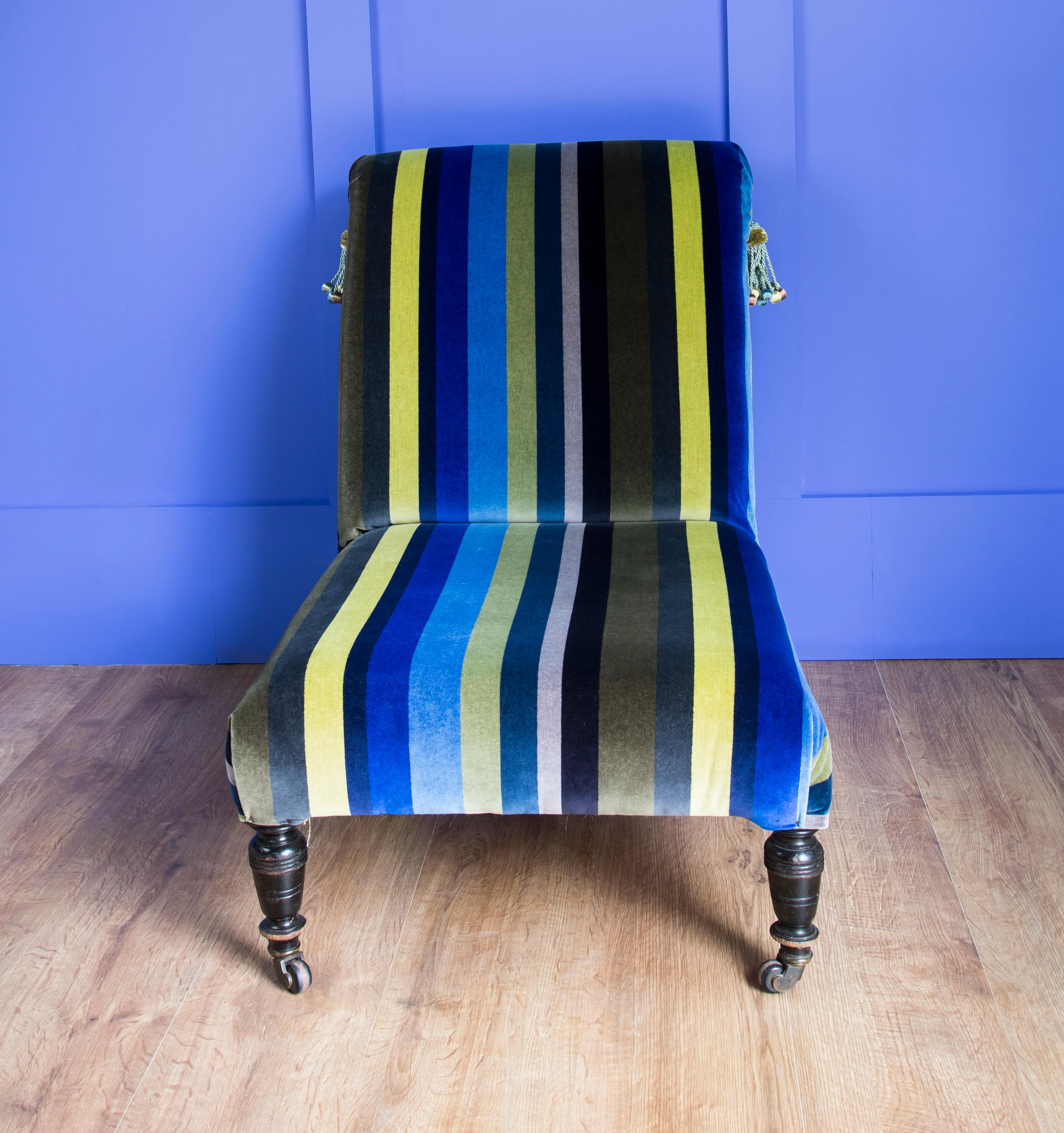 British Victorian Nursing Chair Upholstered in Designers Guild Striped Velvet