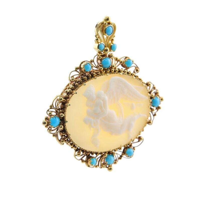 Cabochon Victorian Nyx Goddess of Night and Precious Cargo Cameo & Turquoise Pendant For Sale