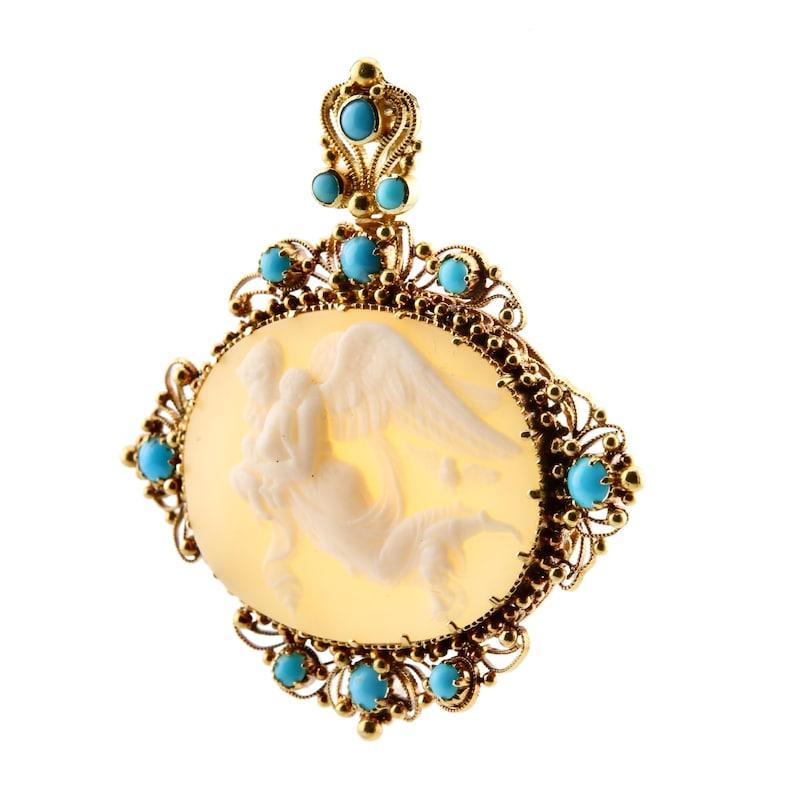 Victorian Nyx Goddess of Night and Precious Cargo Cameo & Turquoise Pendant In Good Condition For Sale In Boston, MA