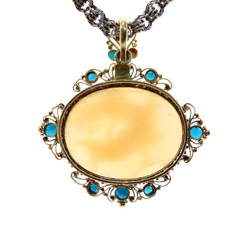 Victorian Nyx Goddess of Night and Precious Cargo Cameo & Turquoise Pendant In Good Condition For Sale In Boston, MA