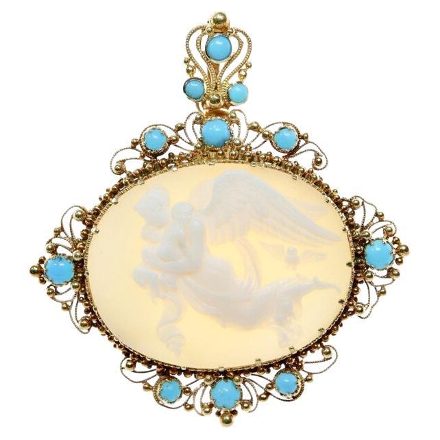 Victorian Nyx Goddess of Night and Precious Cargo Cameo & Turquoise Pendant For Sale
