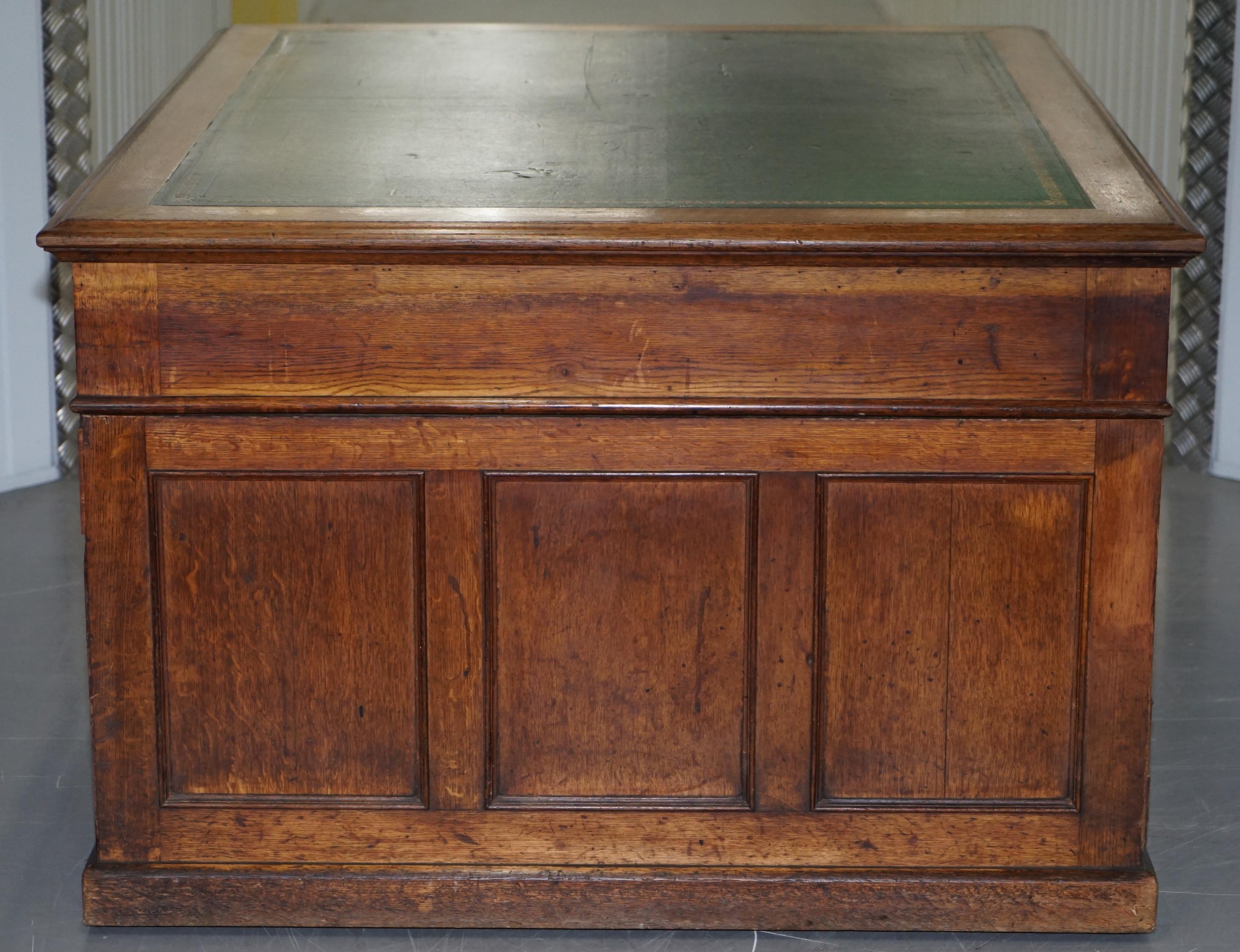 Victorian Oak 18 Drawer Double Sided Twin Pedestal Partner Desk Green Leather 2