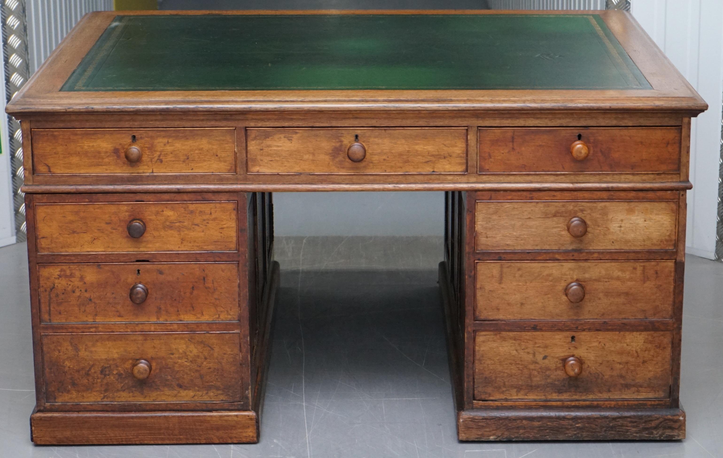 Victorian Oak 18 Drawer Double Sided Twin Pedestal Partner Desk Green Leather 3