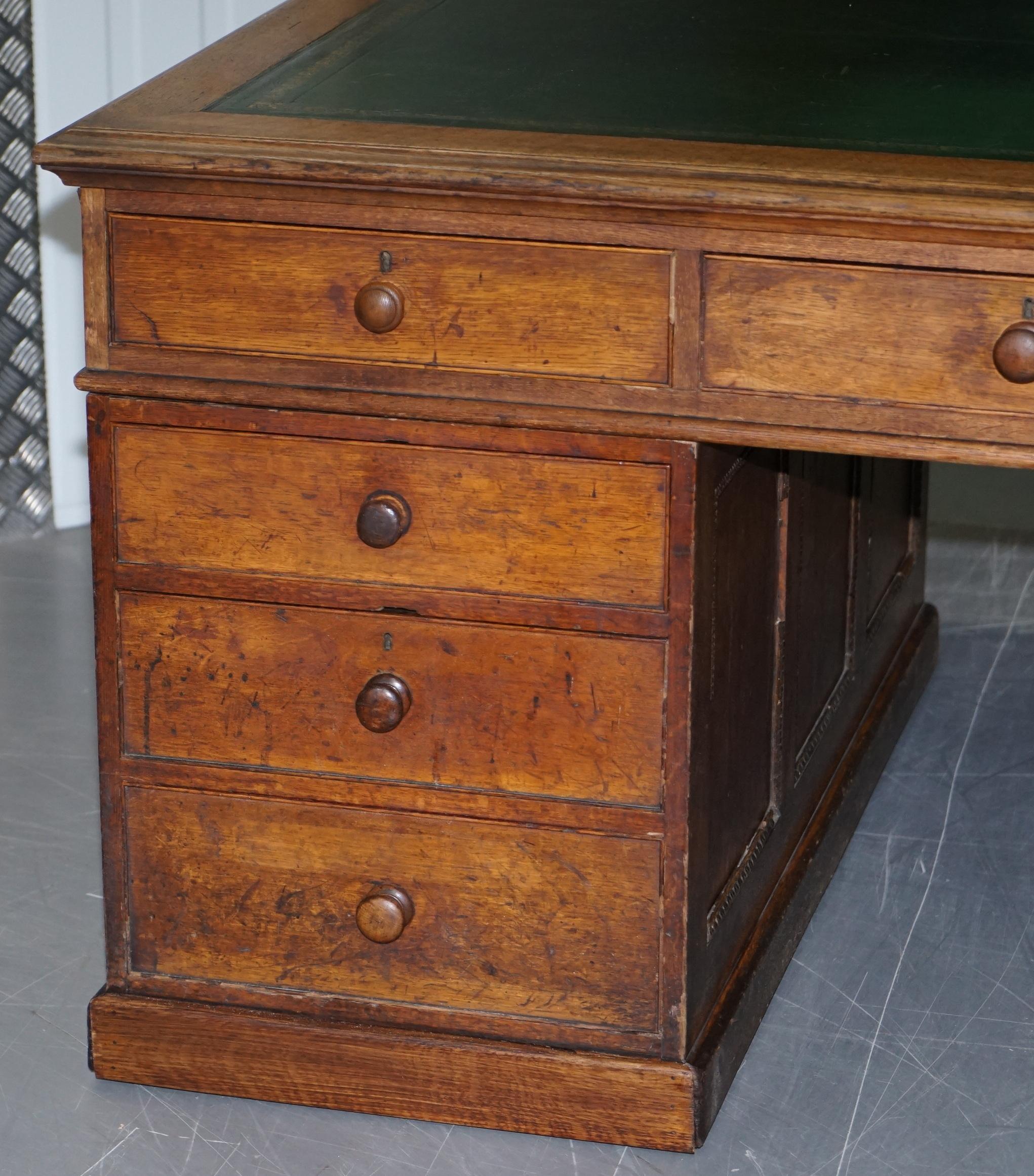 Victorian Oak 18 Drawer Double Sided Twin Pedestal Partner Desk Green Leather 4