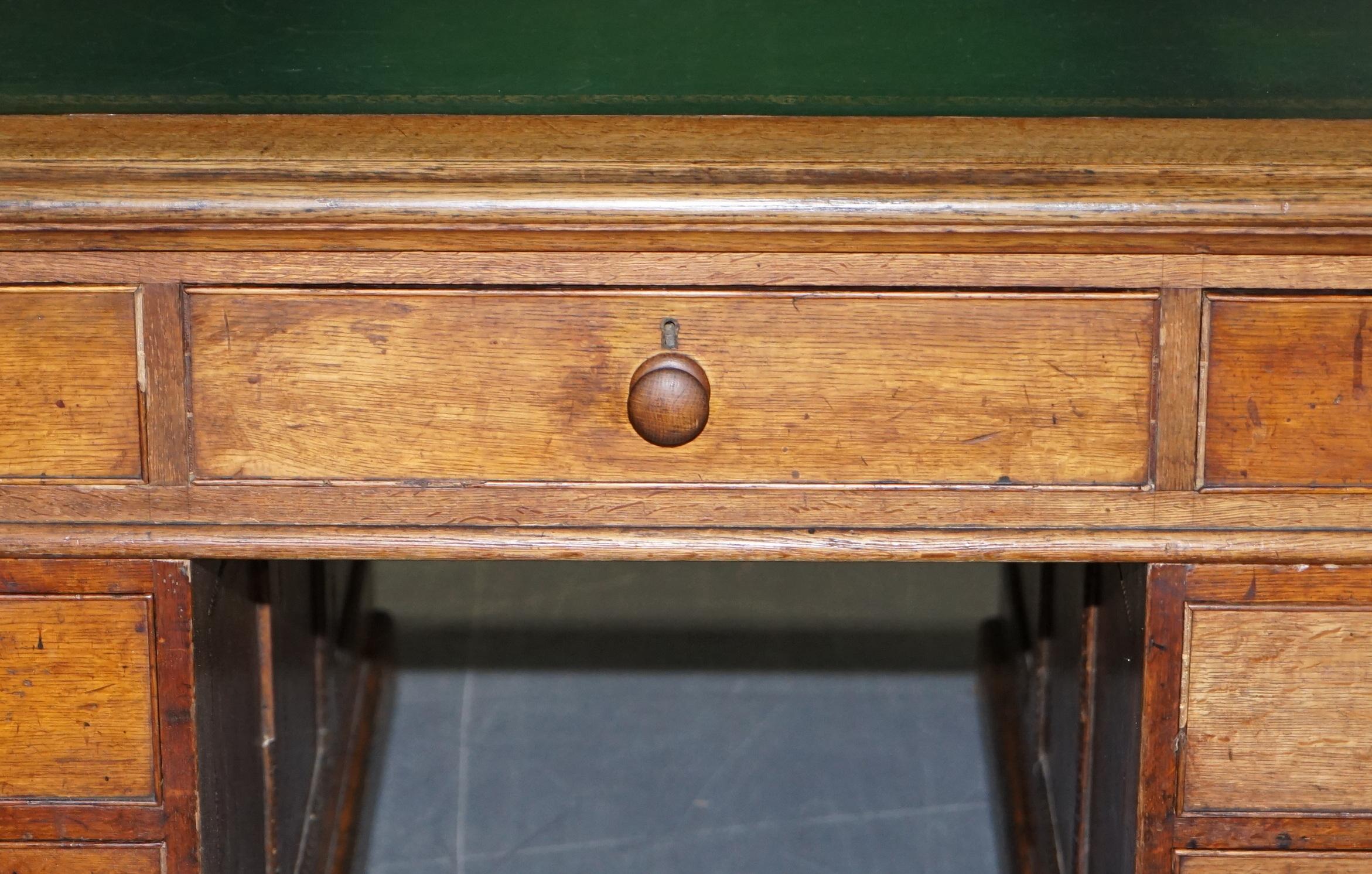 Victorian Oak 18 Drawer Double Sided Twin Pedestal Partner Desk Green Leather 5