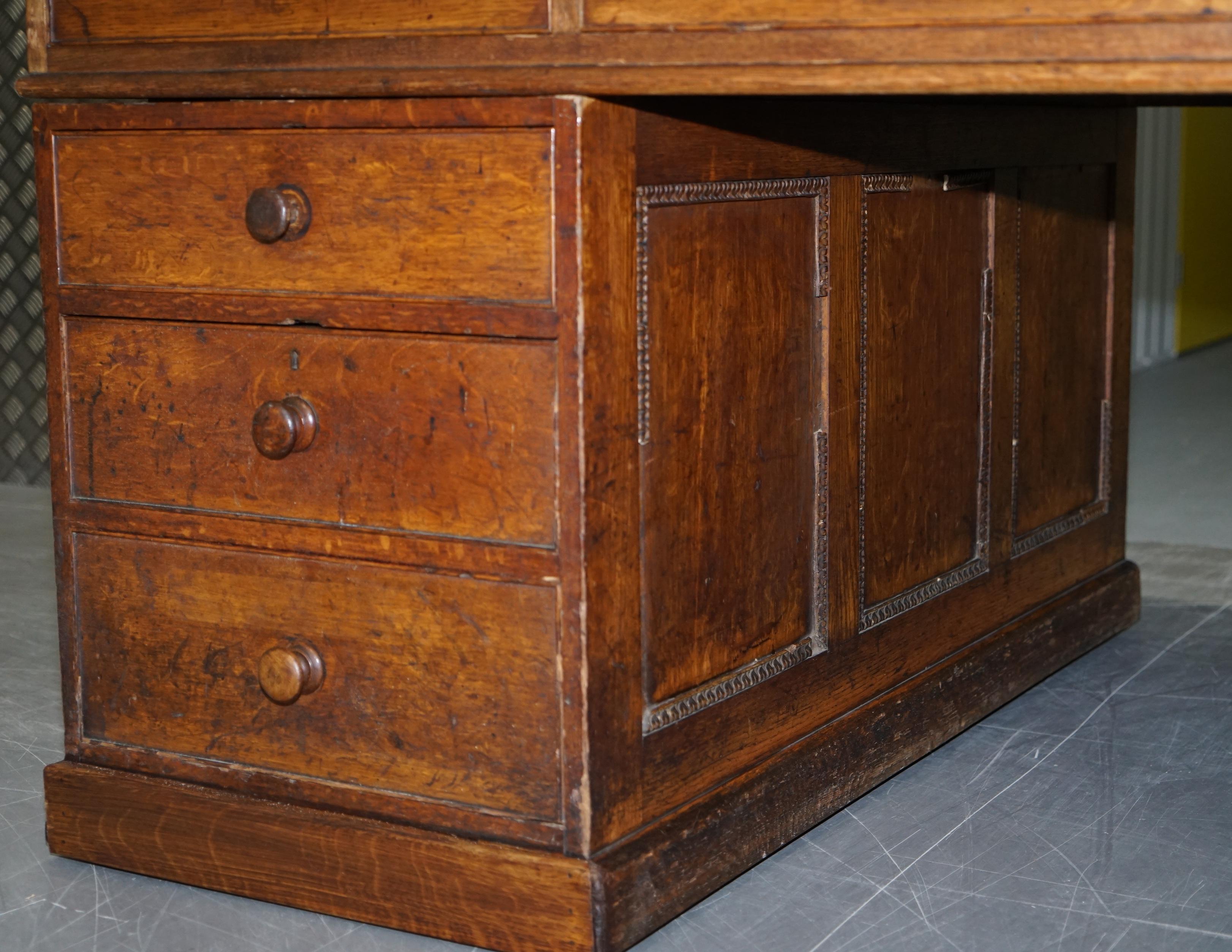 Victorian Oak 18 Drawer Double Sided Twin Pedestal Partner Desk Green Leather 6