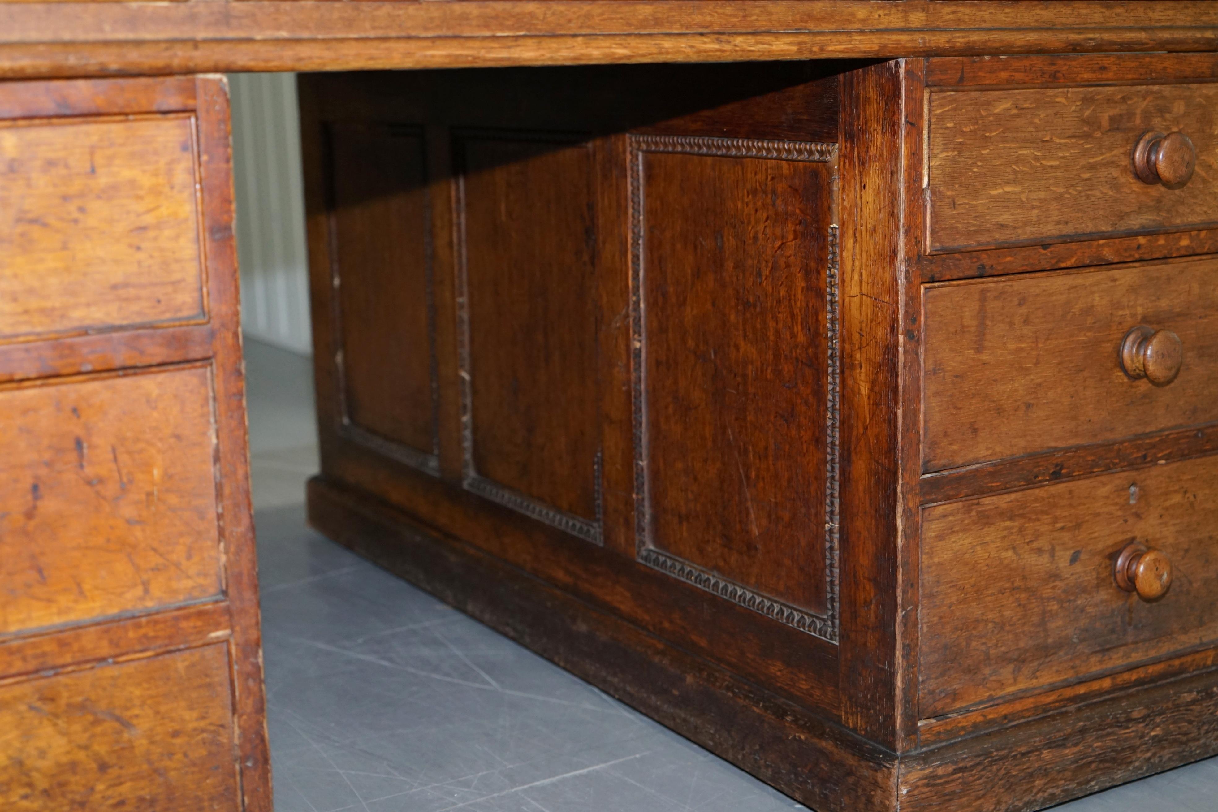 Victorian Oak 18 Drawer Double Sided Twin Pedestal Partner Desk Green Leather 7