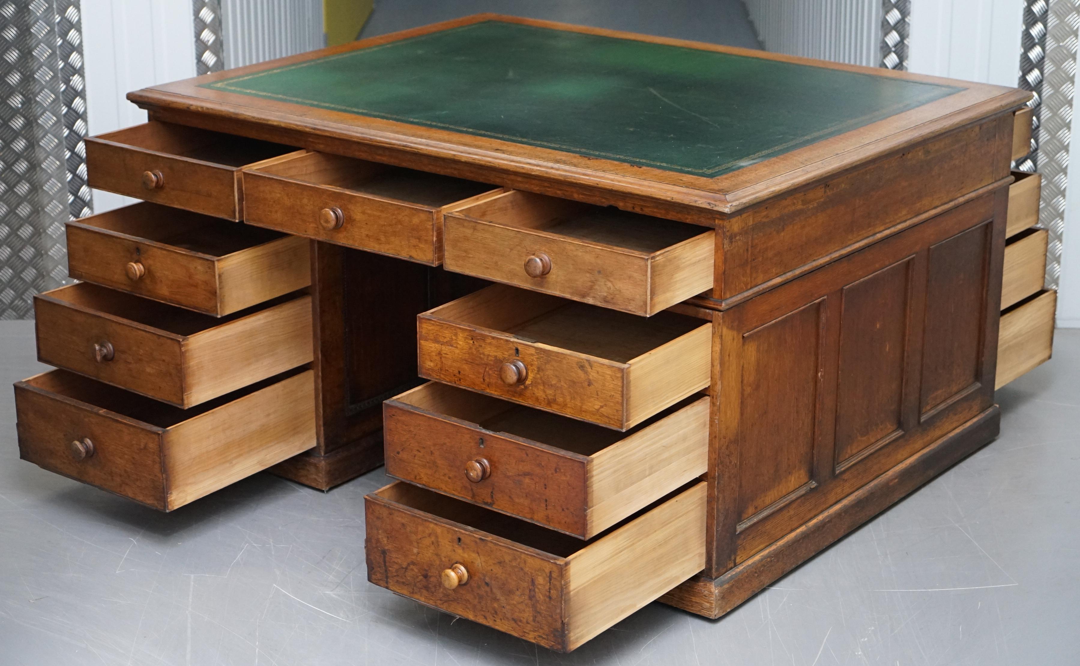 Victorian Oak 18 Drawer Double Sided Twin Pedestal Partner Desk Green Leather 8