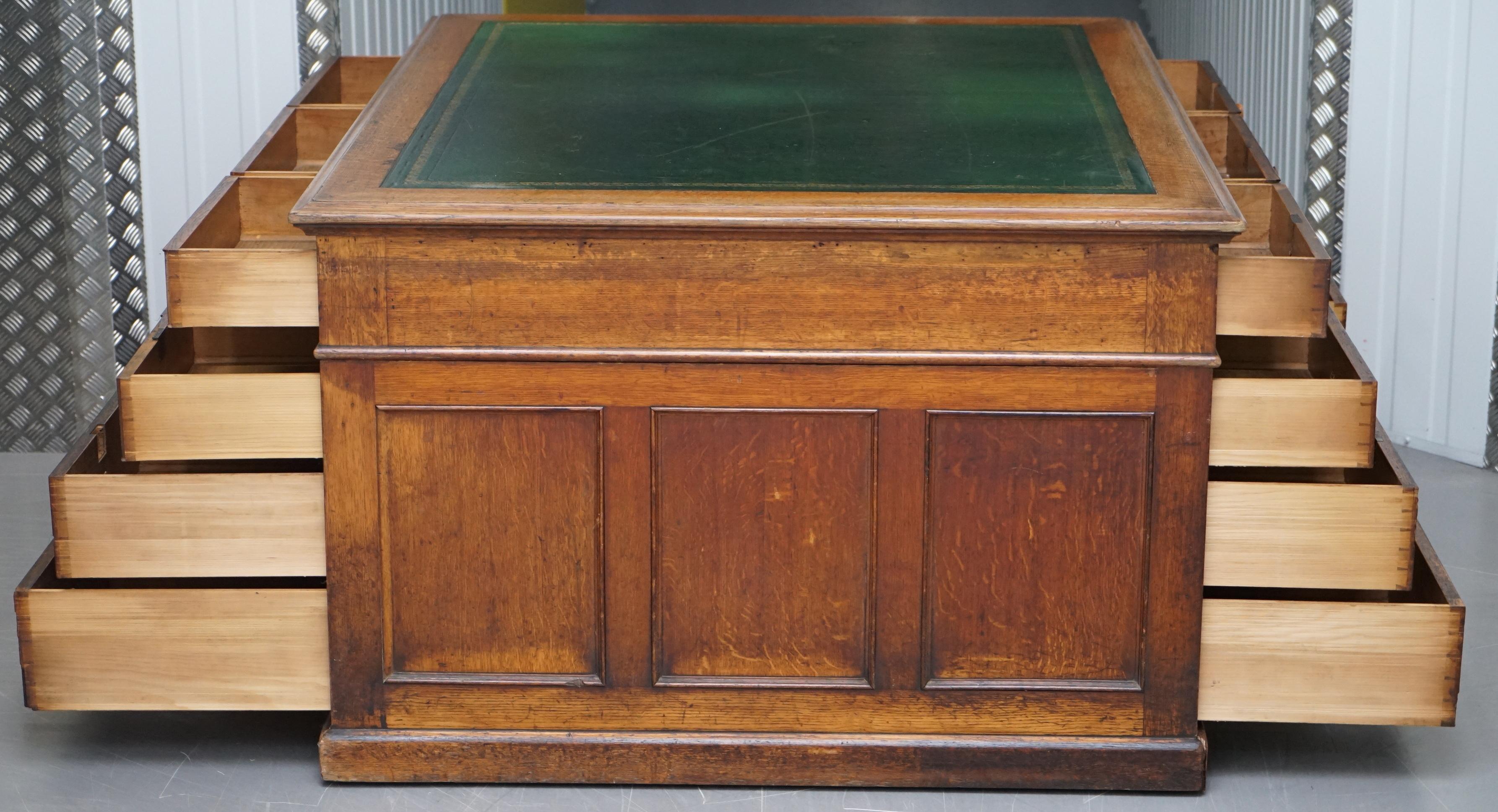 Victorian Oak 18 Drawer Double Sided Twin Pedestal Partner Desk Green Leather 9