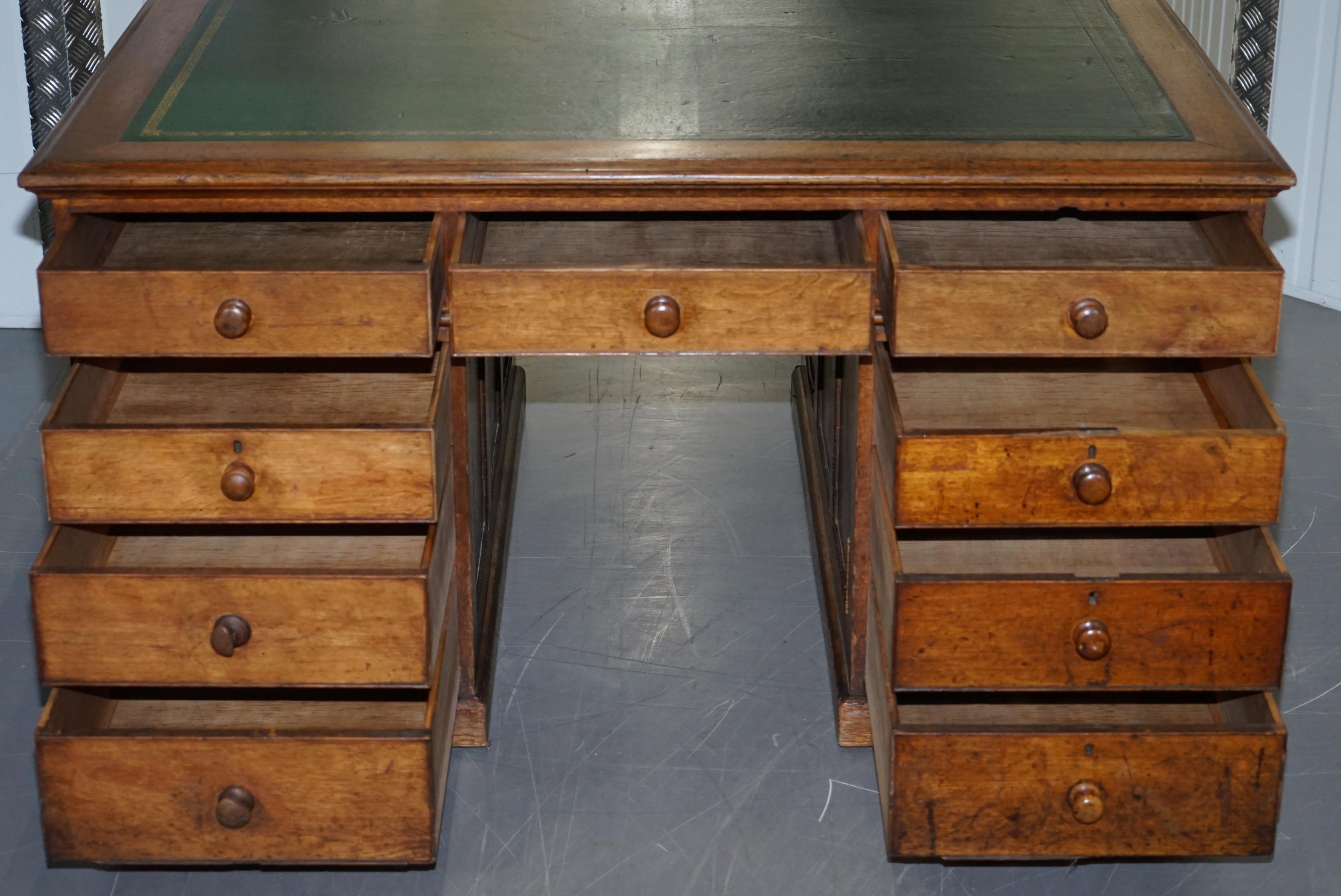 Victorian Oak 18 Drawer Double Sided Twin Pedestal Partner Desk Green Leather 10