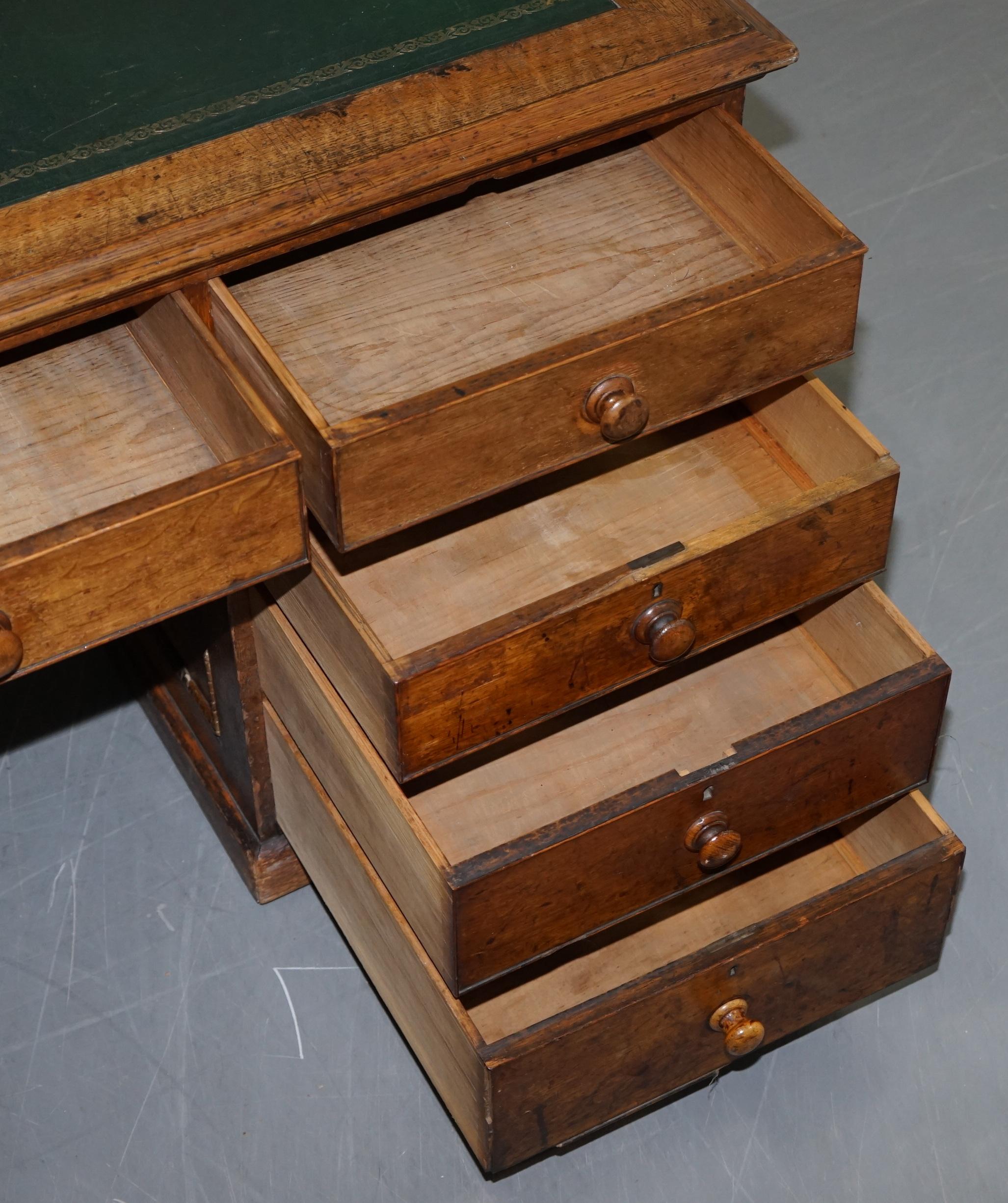Victorian Oak 18 Drawer Double Sided Twin Pedestal Partner Desk Green Leather 11