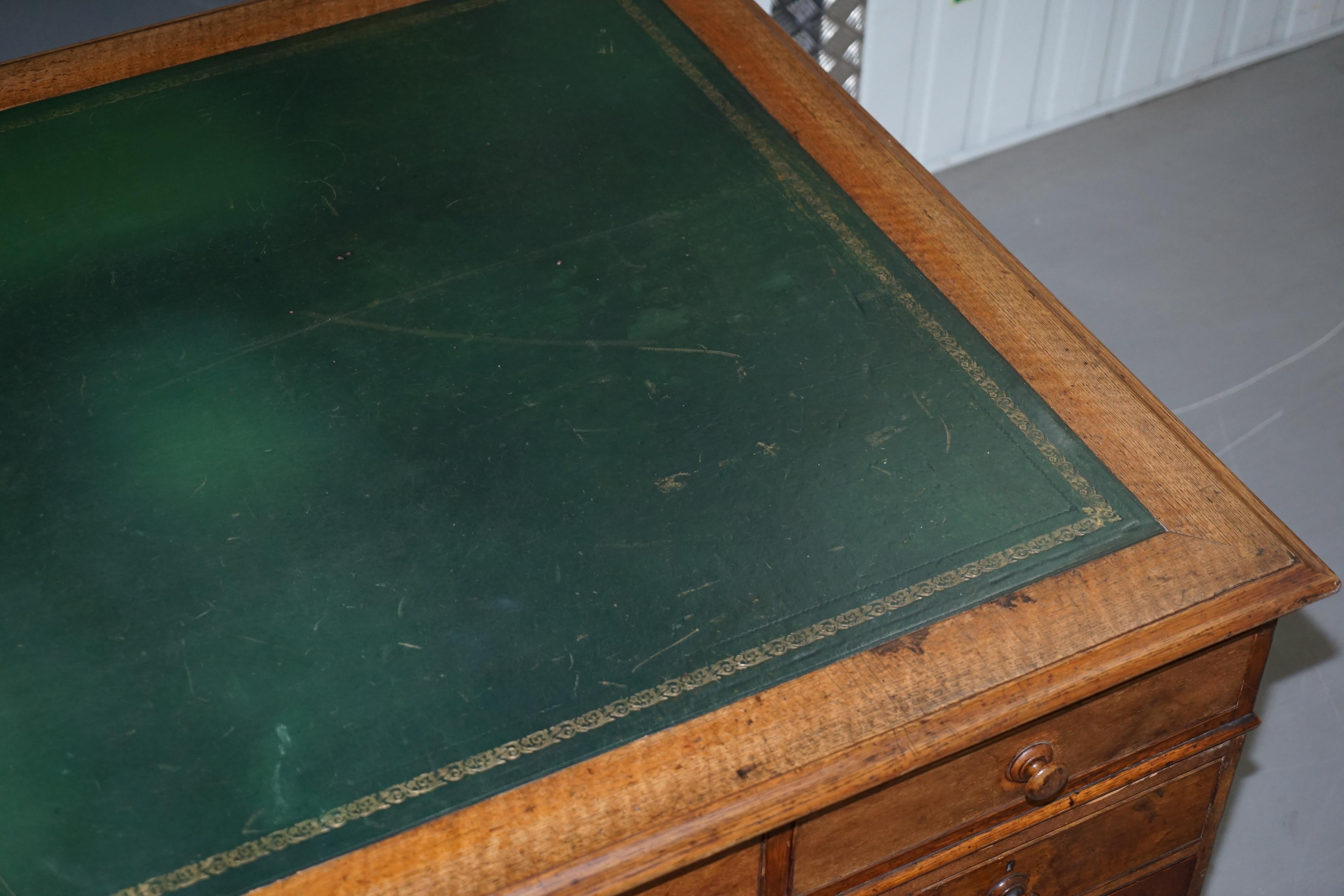 English Victorian Oak 18 Drawer Double Sided Twin Pedestal Partner Desk Green Leather