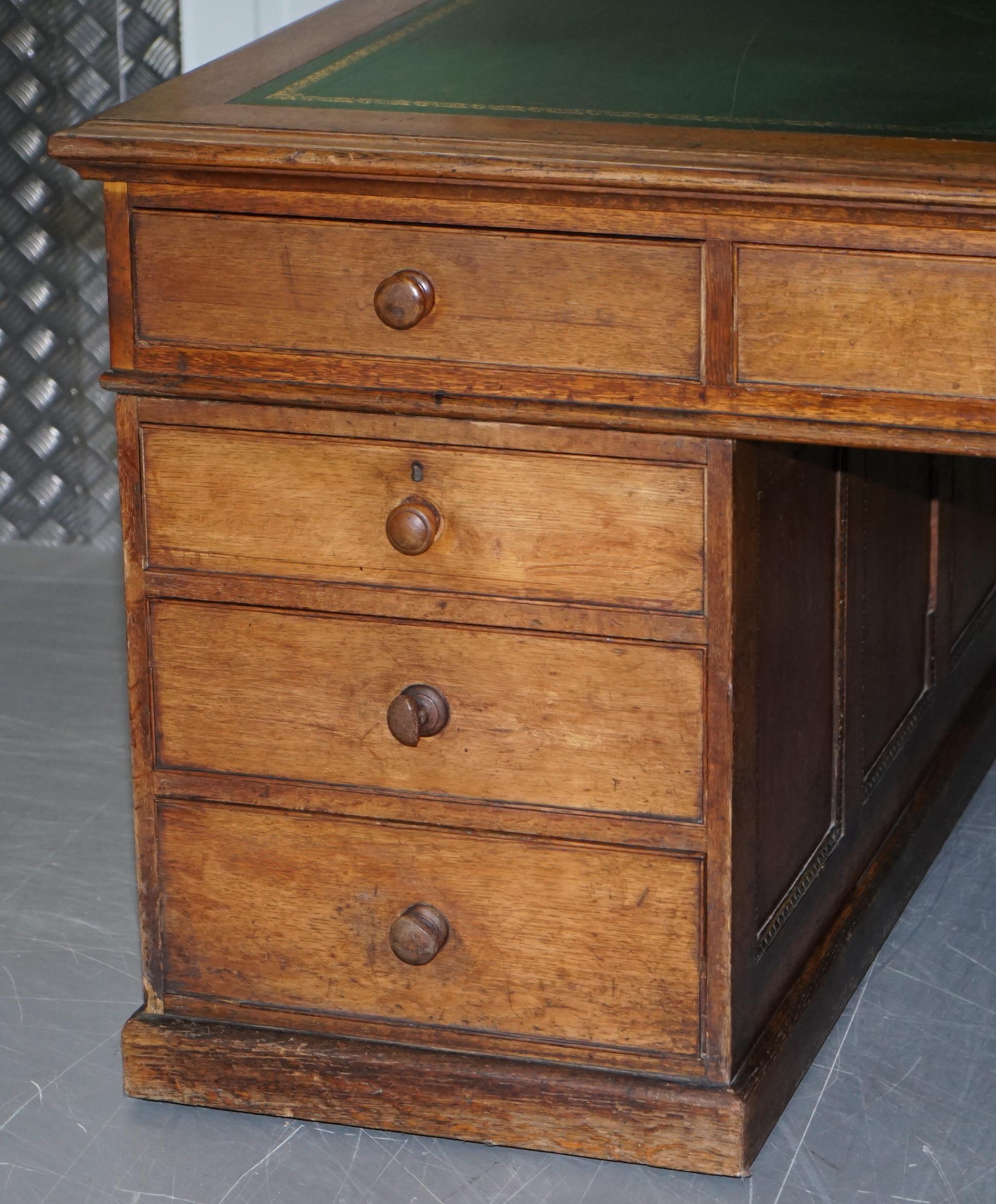 Hand-Carved Victorian Oak 18 Drawer Double Sided Twin Pedestal Partner Desk Green Leather