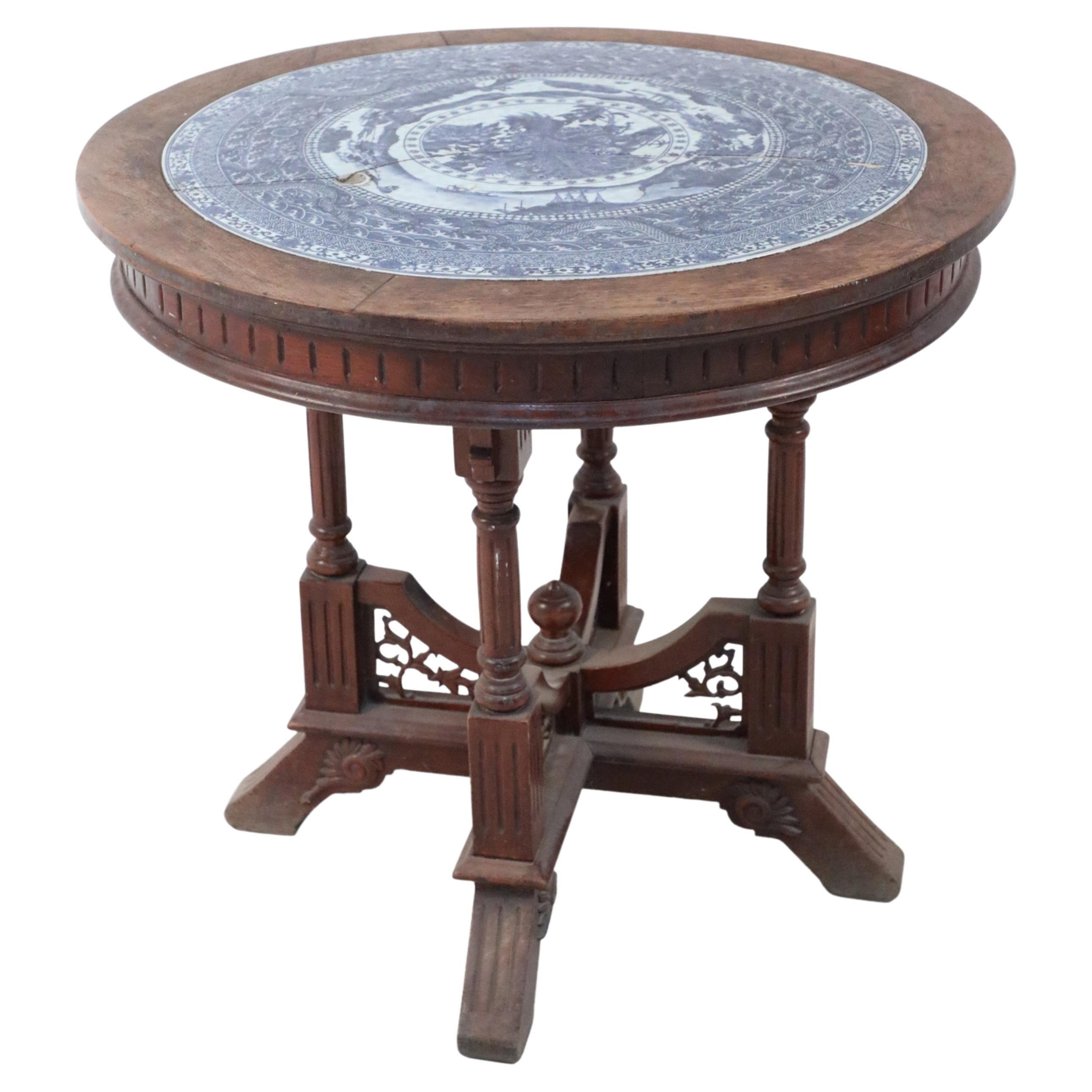 Victorian Oak and Chinese Porcelain Inlay Center Table For Sale