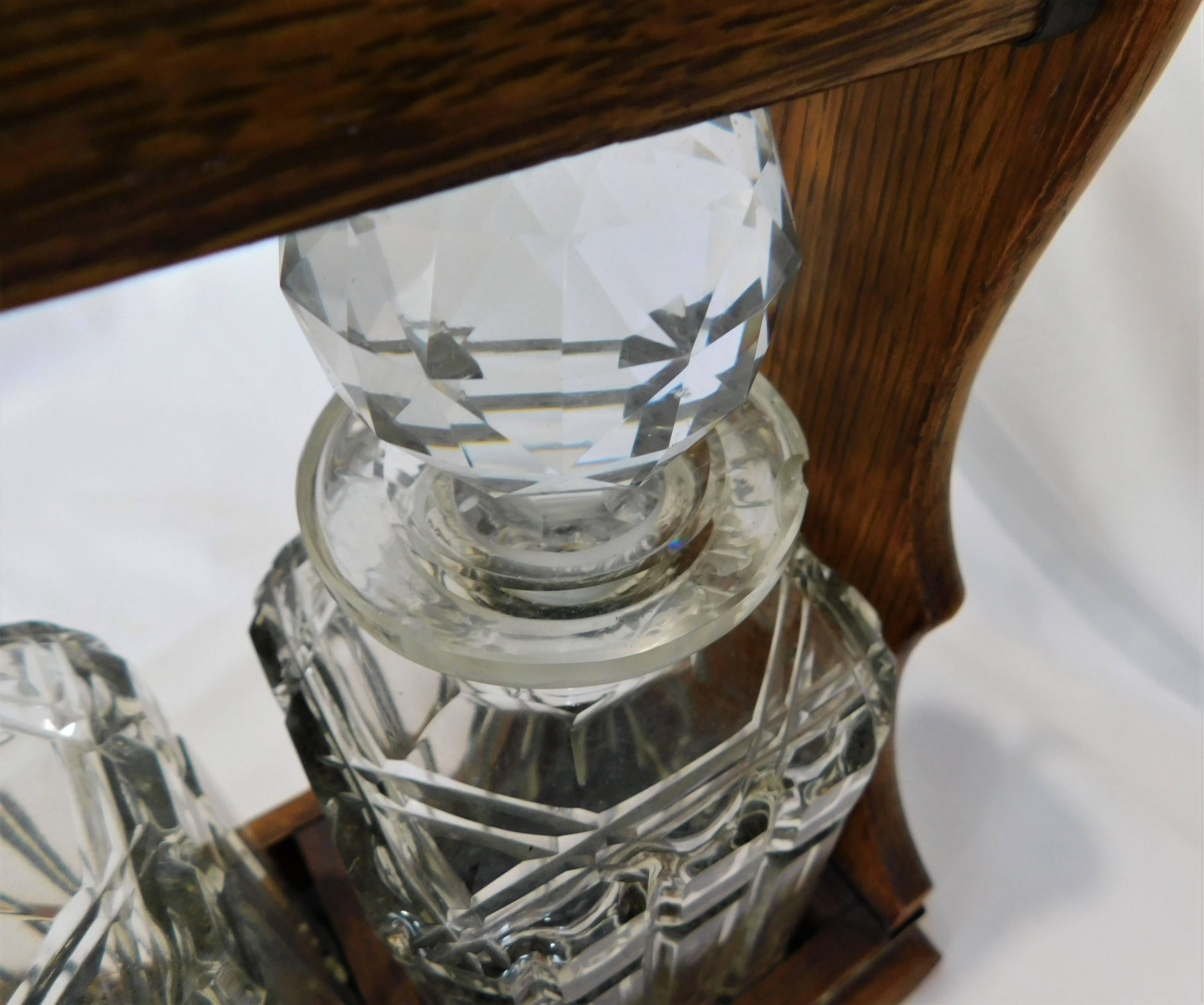 Victorian Oak and Silver Metal Tantalus with Crystal Decanters For Sale 2