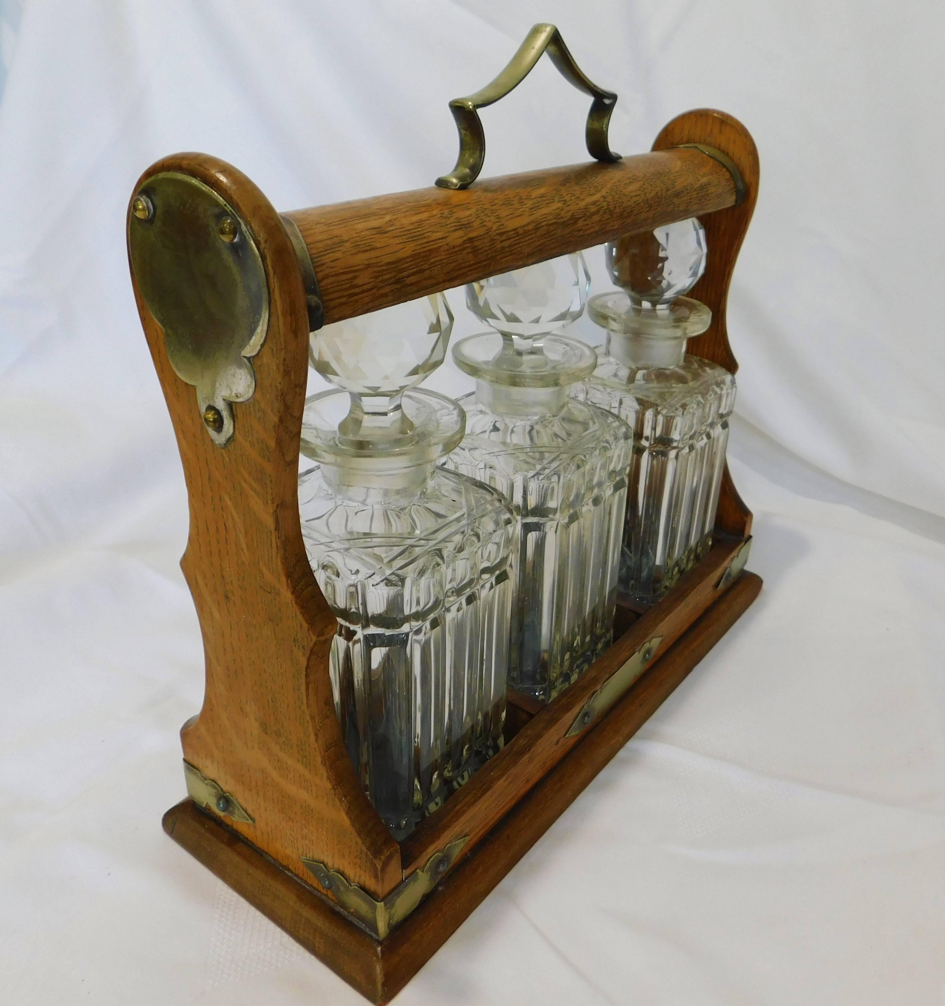 19th Century Victorian Oak and Silver Metal Tantalus with Crystal Decanters For Sale