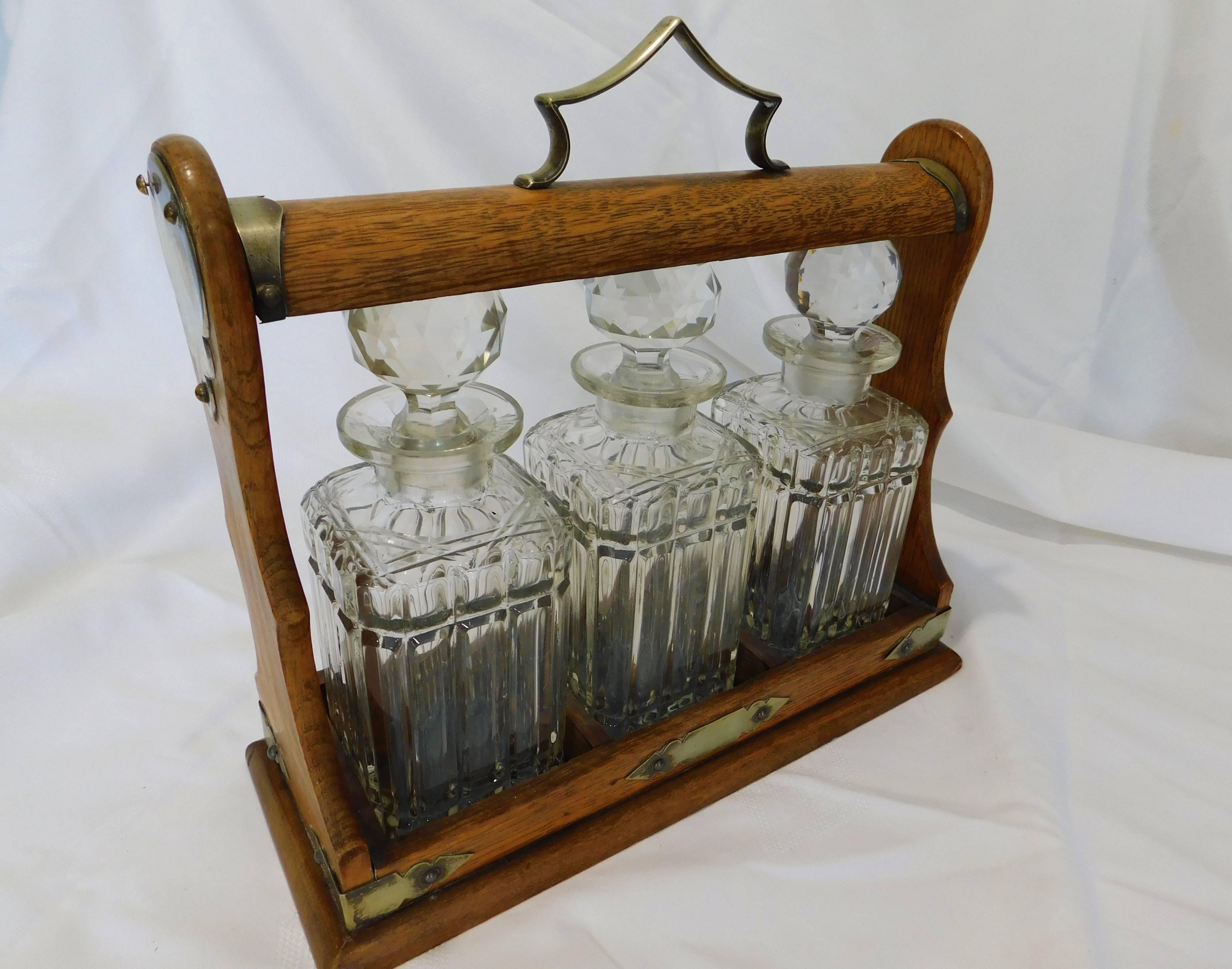 Victorian Oak and Silver Metal Tantalus with Crystal Decanters For Sale 1