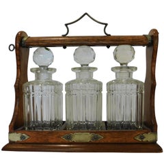 Victorian Oak and Silver Metal Tantalus with Crystal Decanters