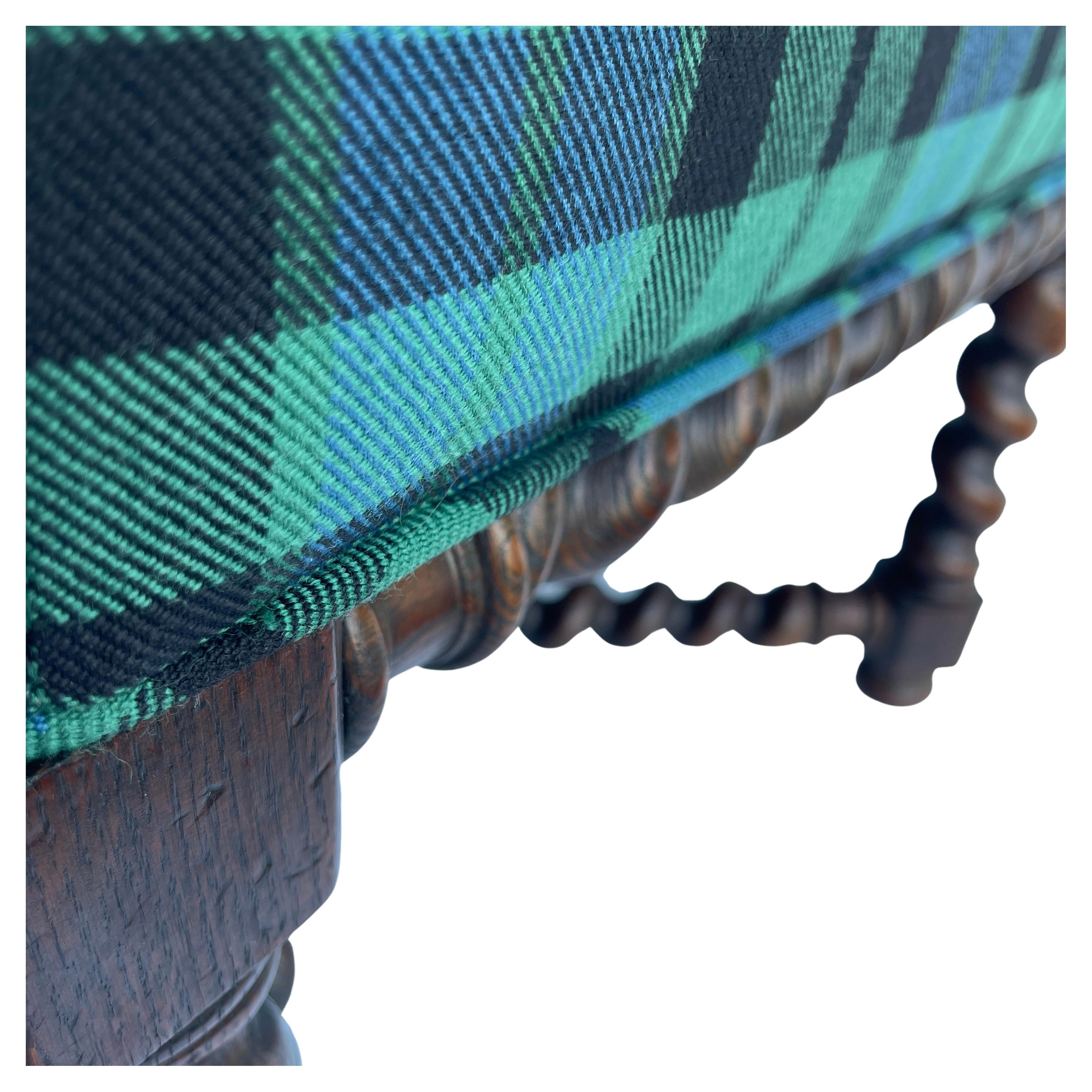 Victorian Oak Barley Twist Tartan Plaid Upholstered Ottoman 1