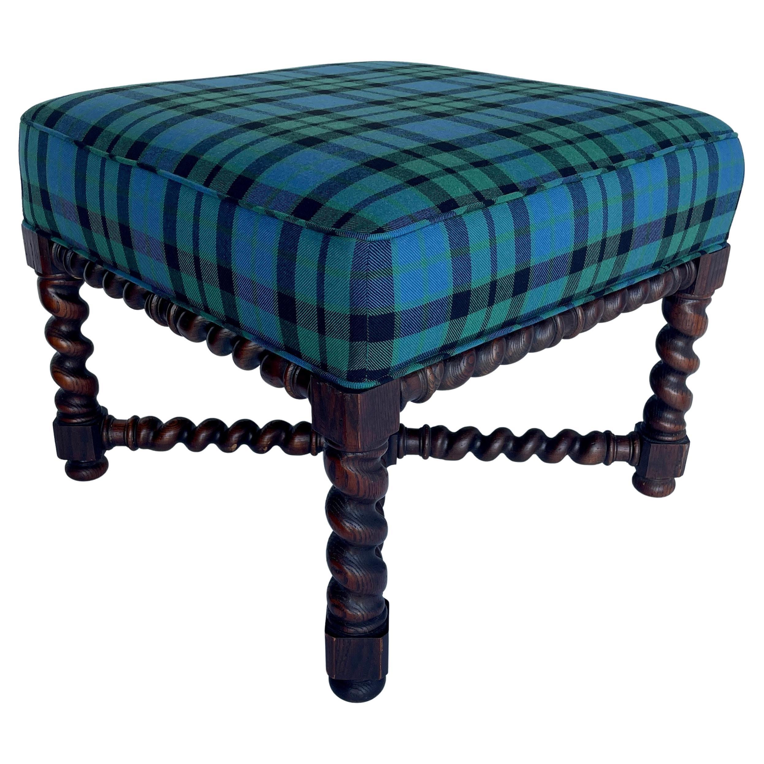 Victorian Oak Barley Twist Tartan Plaid Upholstered Ottoman 4