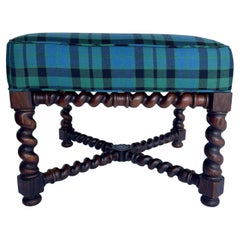 Victorian Oak Barley Twist Tartan Plaid Upholstered Ottoman