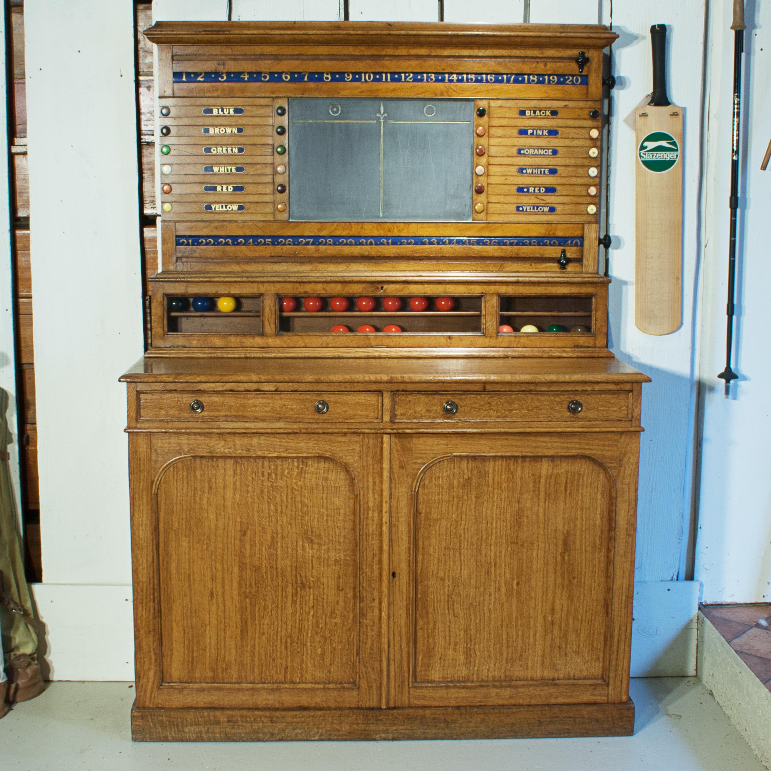 British Victorian Oak Billiard, Lifepool Scoreboard with Cabinet For Sale