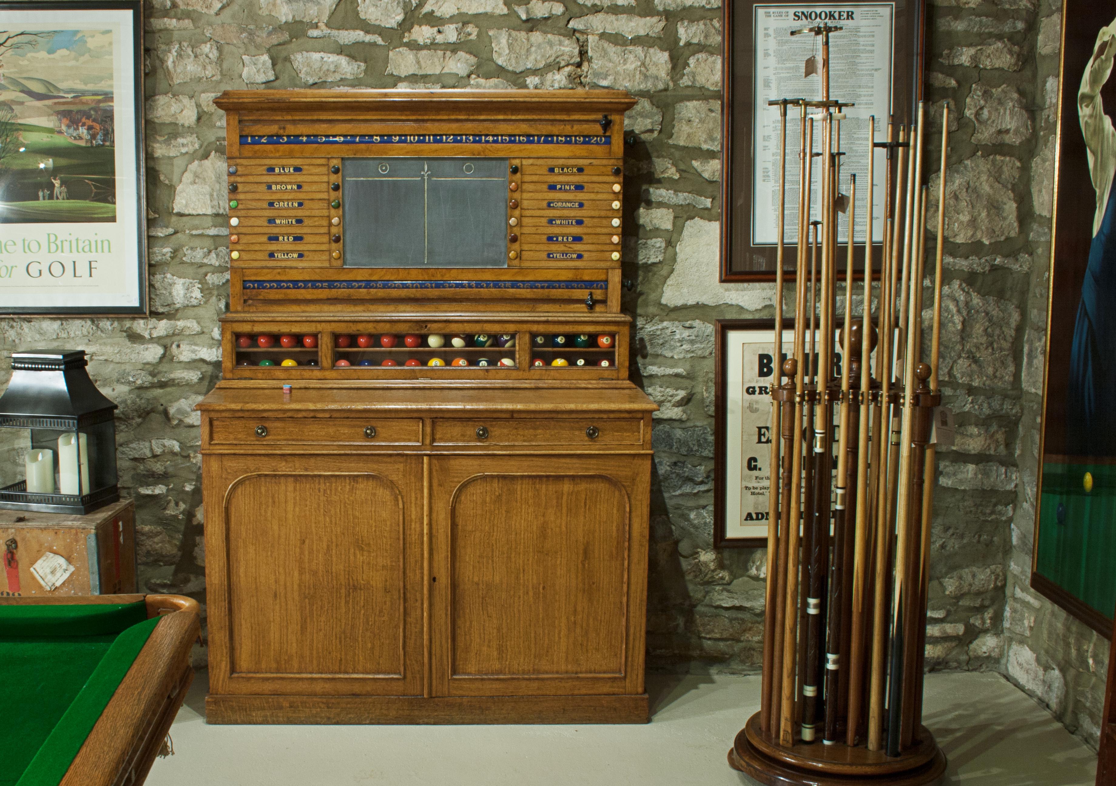 Late 19th Century Victorian Oak Billiard, Lifepool Scoreboard with Cabinet For Sale