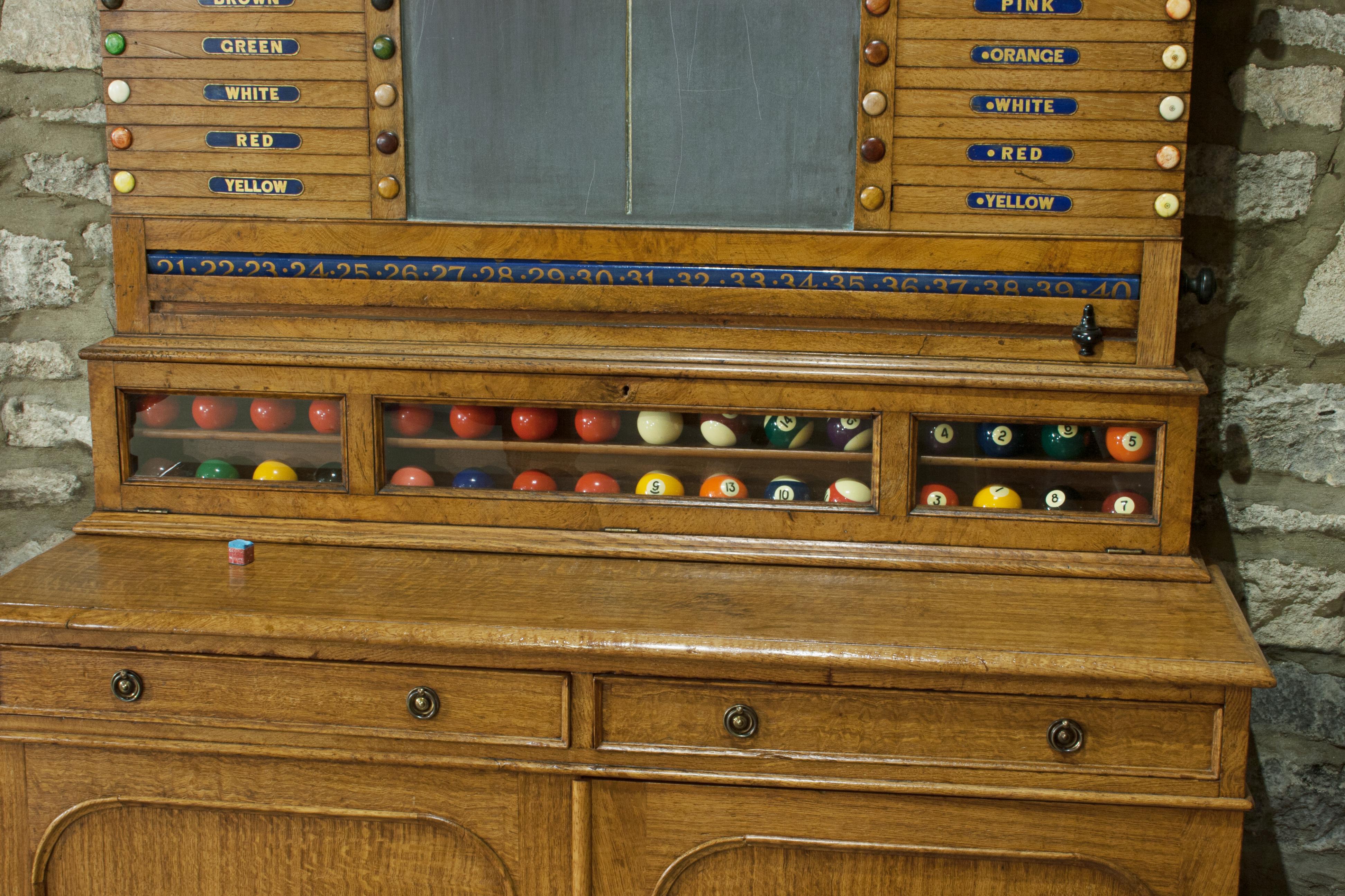 Victorian Oak Billiard, Lifepool Scoreboard with Cabinet For Sale 1