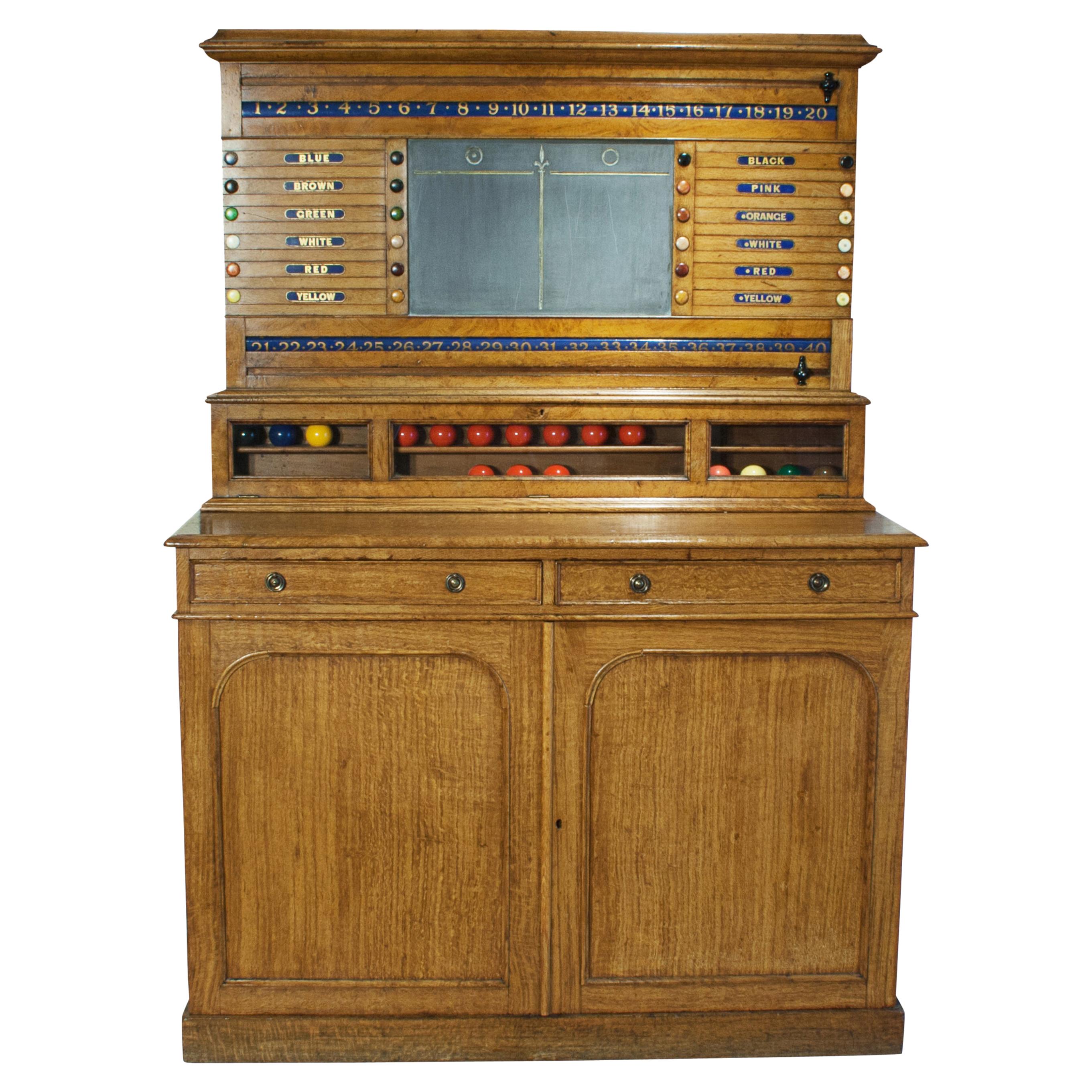 Victorian Oak Billiard, Lifepool Scoreboard with Cabinet For Sale